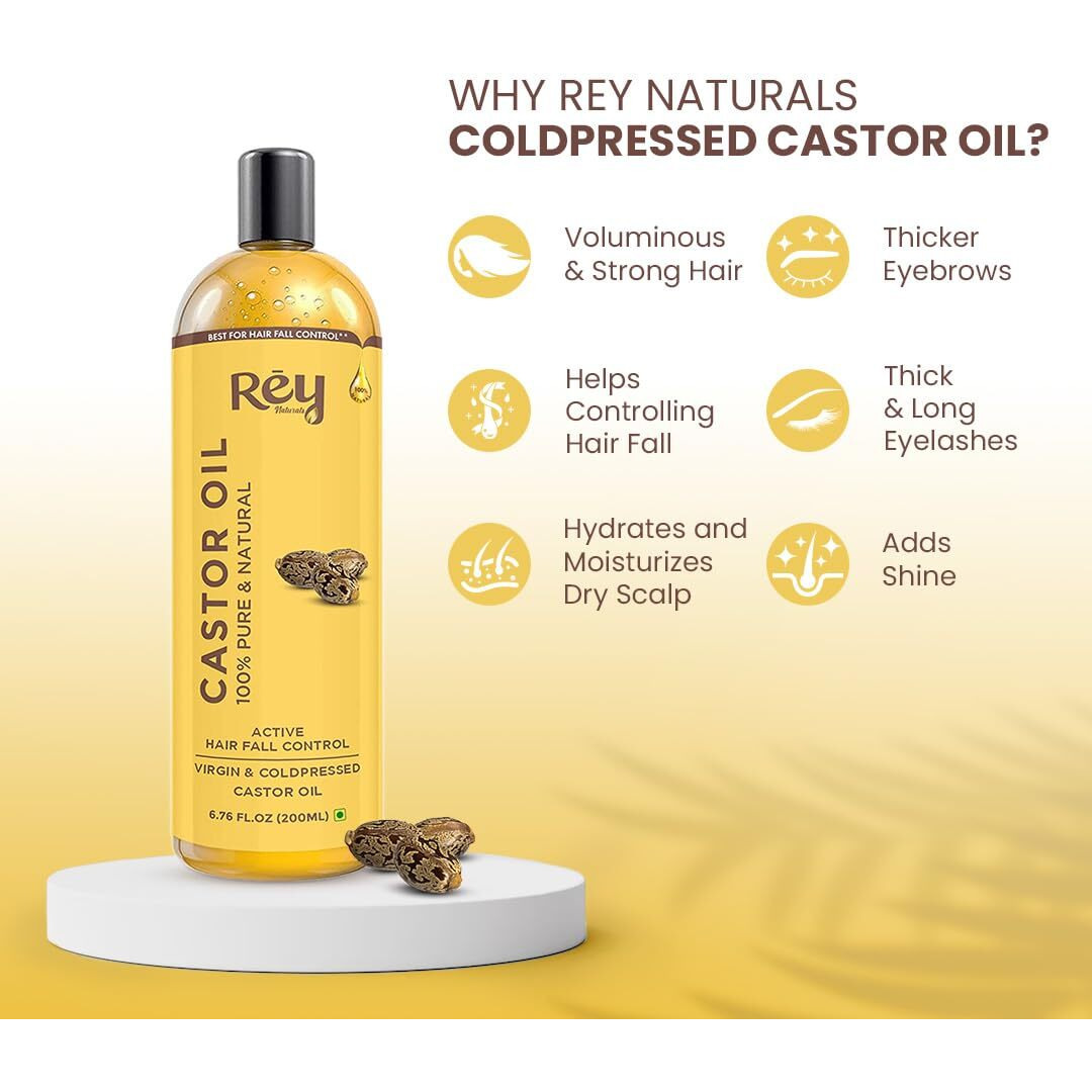 Rey Naturals Cold Pressed Virgin Castor Hair Oil | Arandi Tel | For Hair Growth, Nail Cuticles, Eyelash & Eyebrows | Hydrates Skin & Reduces Wrinkles | Suitable For All Hair Types - 750Ml