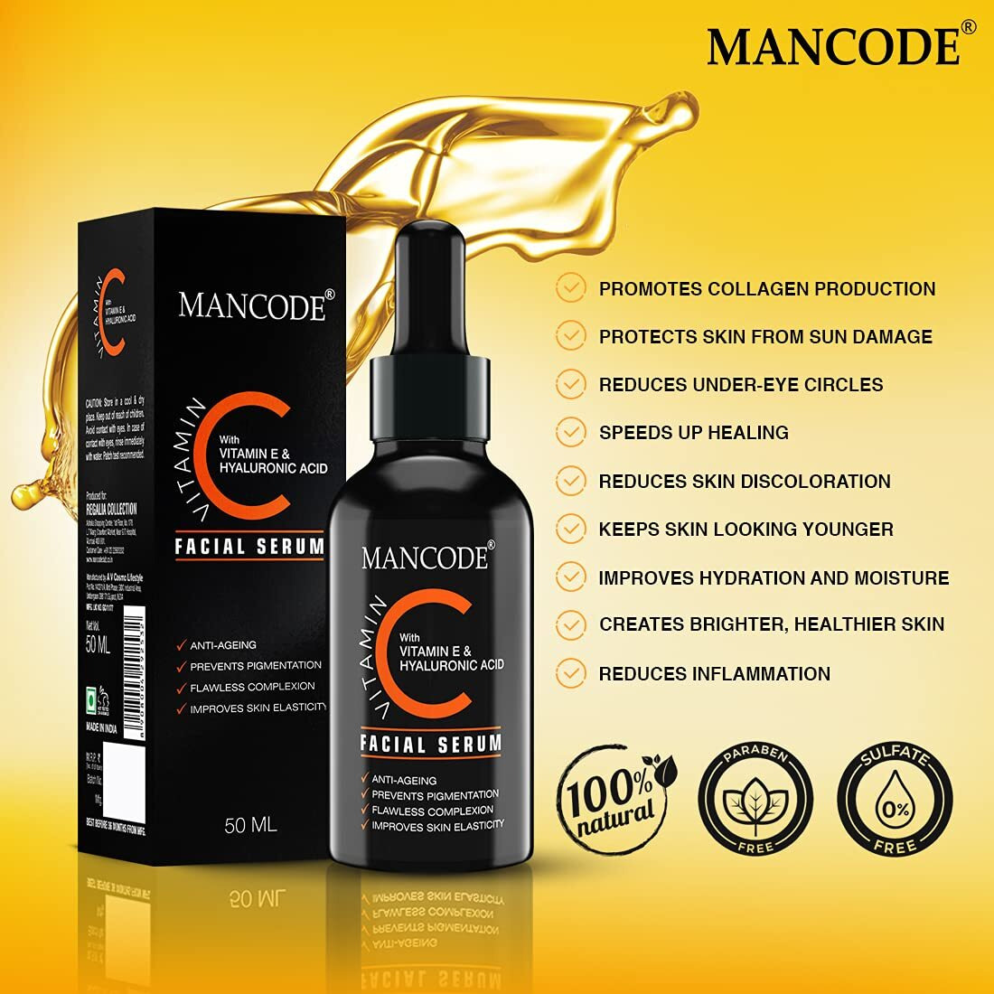 Mancode Vitamin C Facial Serum For Anti Aging And Wrinkle Remover With Vitamin E & Hyaluronic Acid (50 Ml)