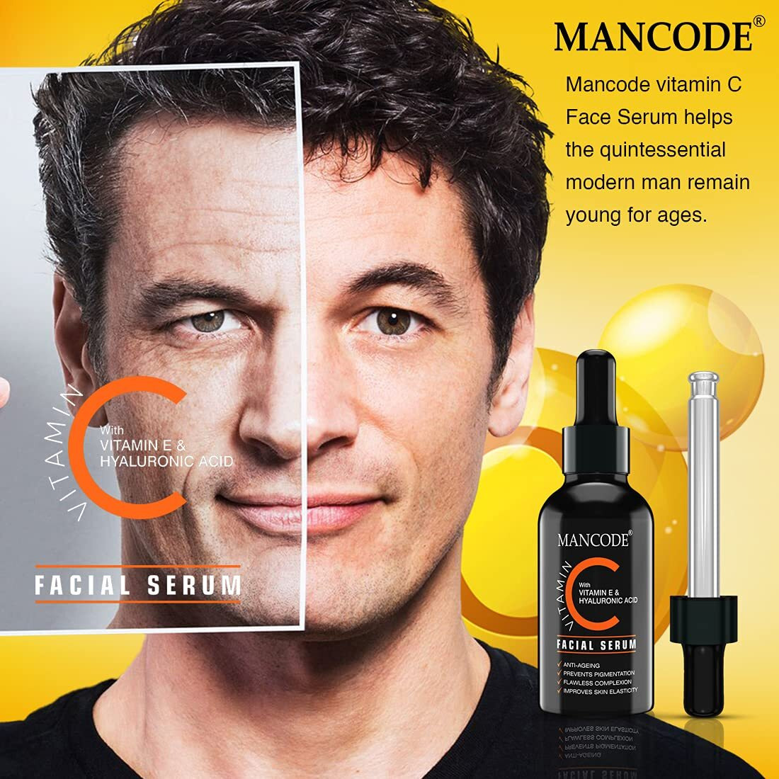 Mancode Vitamin C Facial Serum For Anti Aging And Wrinkle Remover With Vitamin E & Hyaluronic Acid (50 Ml)
