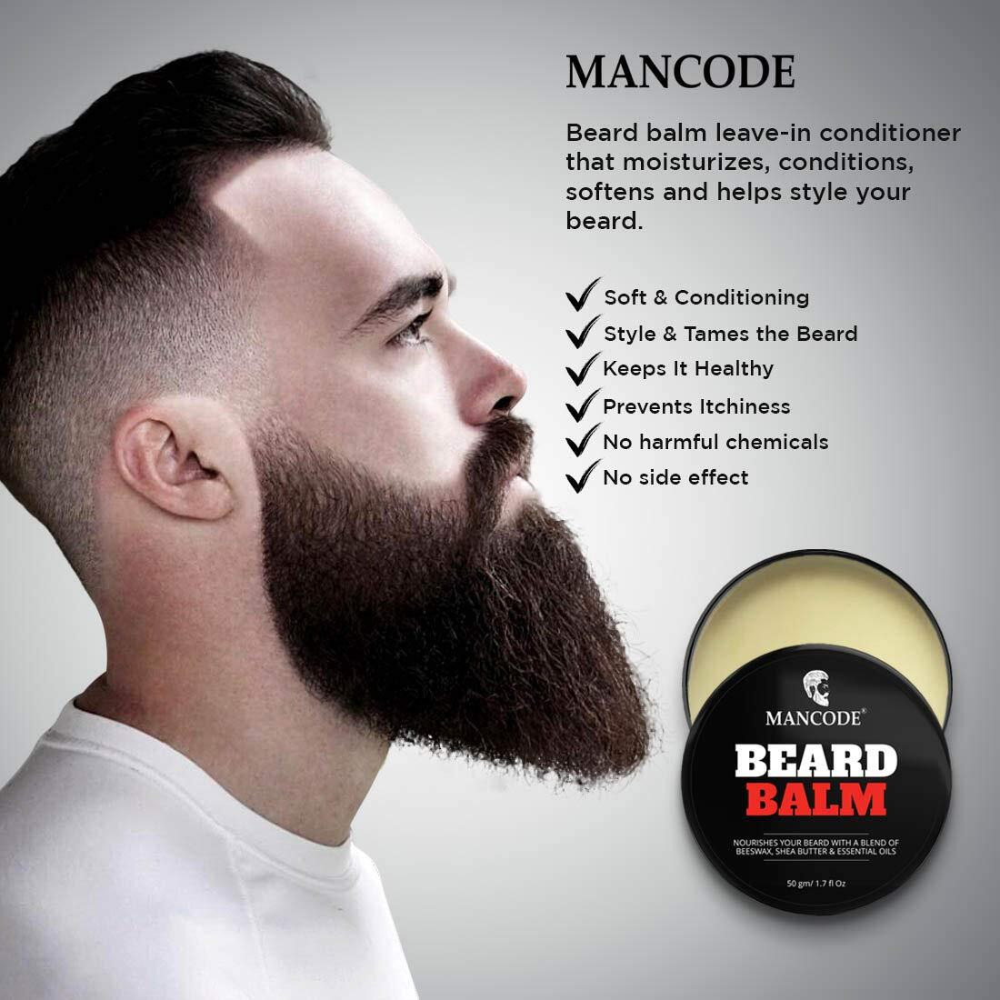 Mancode Beard Balm For Men - 50Gm | Softens Moisturizes Mooch & Beard | Long Lasting Nourishment | Prevents Dryness | Boost Shine And Volumizes Beards Beeswax Shea Butter And Essential Oils Pack Of 1
