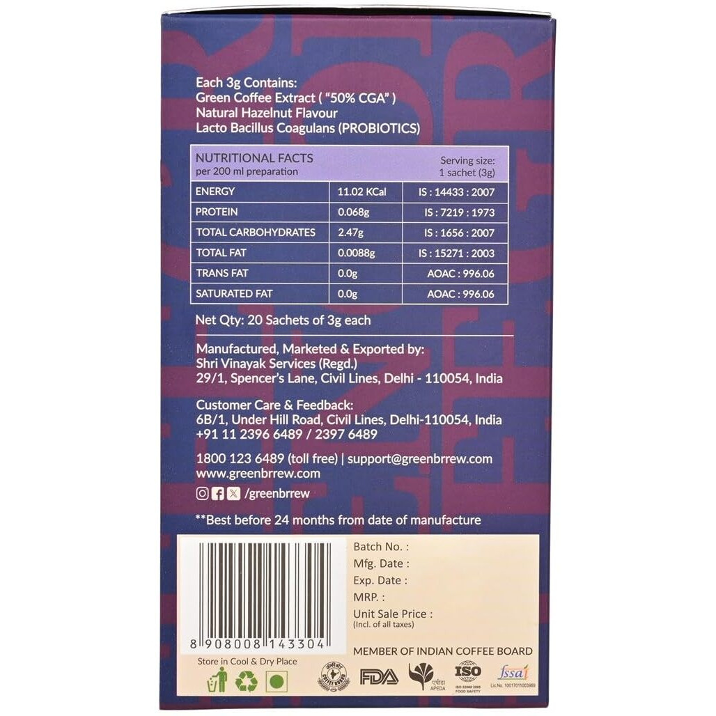 Greenbrrew Hazelnut Green | 100% Unroasted Coffee | Warm Blend | Little Magic | 20 Servings | 60G