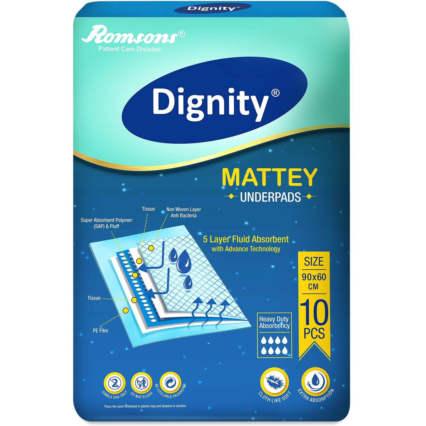 Dignity Mattey Disposable Underpads For Adults , 60X90 Cm, 10 Pcs/Pack (Pack Of 1)
