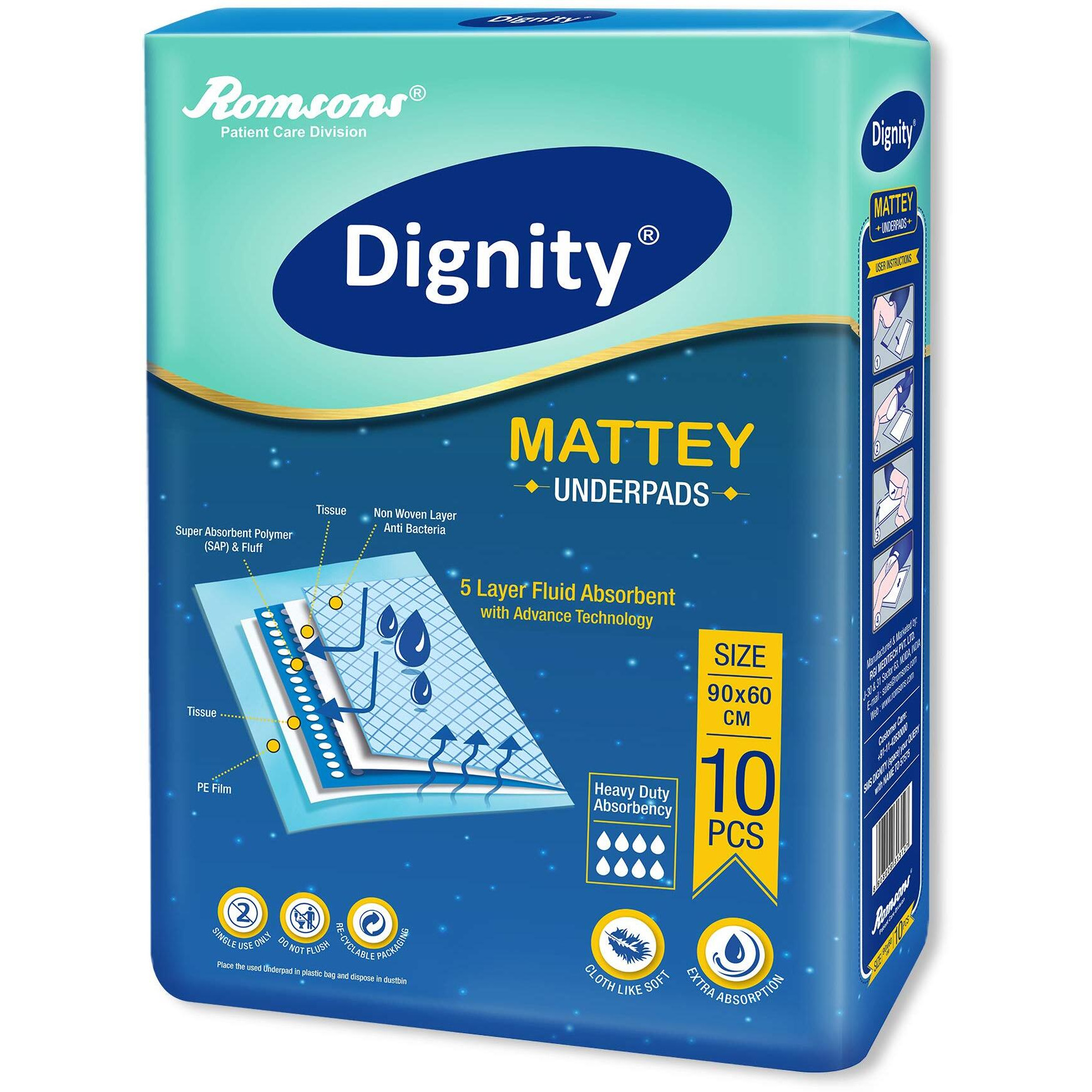 Dignity Mattey Disposable Underpads For Adults , 60X90 Cm, 10 Pcs/Pack (Pack Of 1)