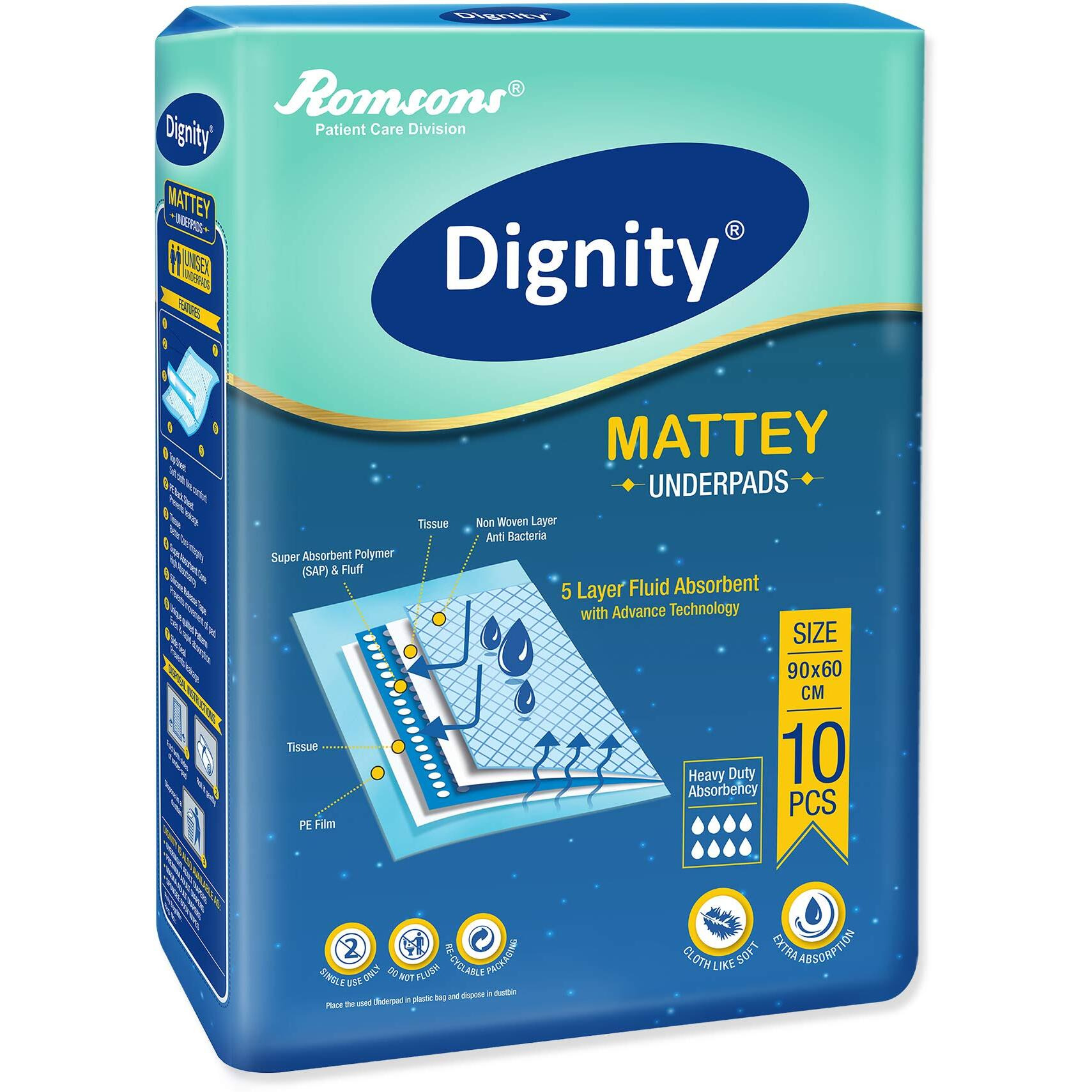 Dignity Mattey Disposable Underpads For Adults , 60X90 Cm, 10 Pcs/Pack (Pack Of 1)