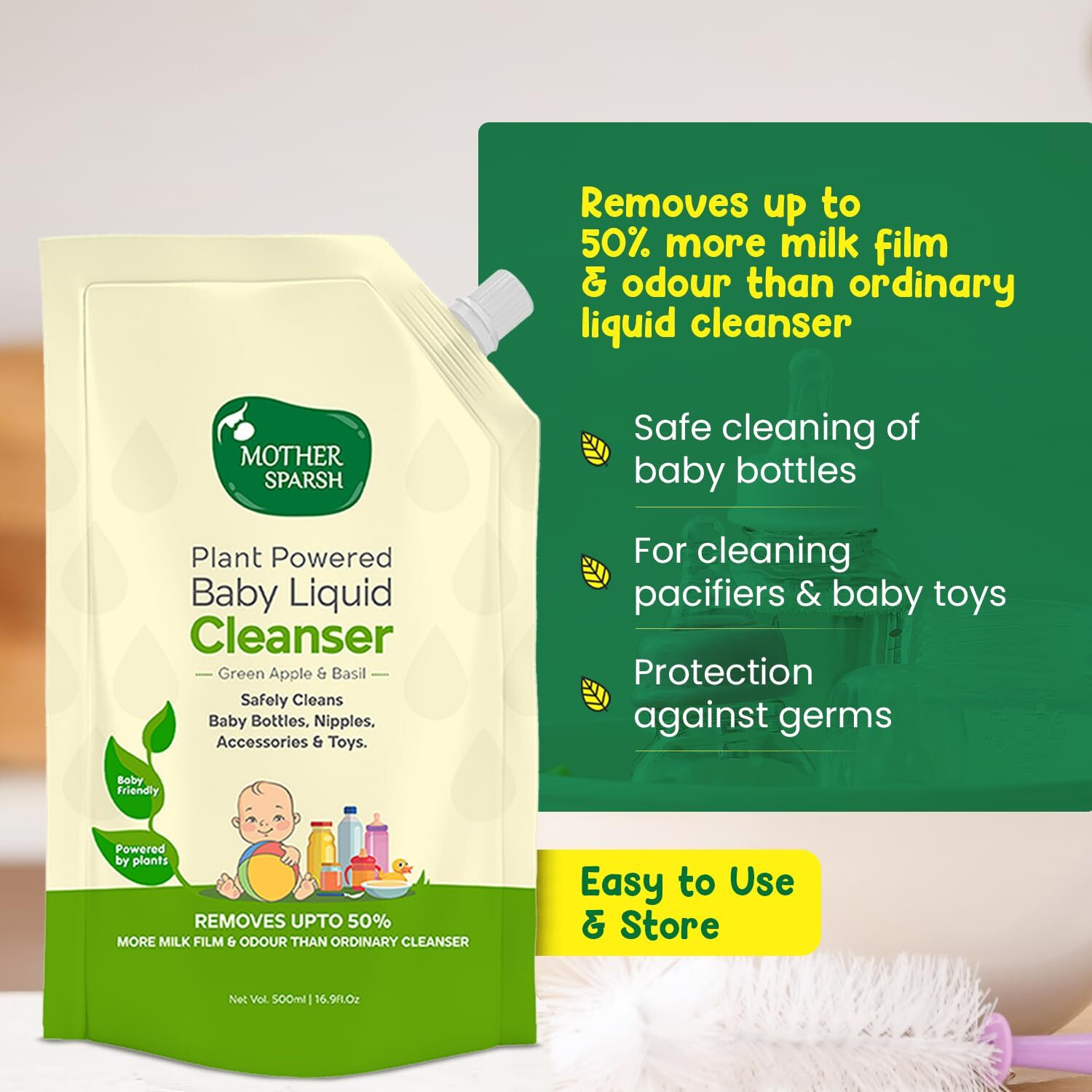 Mother Sparsh Natural Baby Liquid Cleanser (Powered By Plants) Cleanser For Baby Bottles, Nipples, Accessories And Toys, Refill Pack (500Ml)