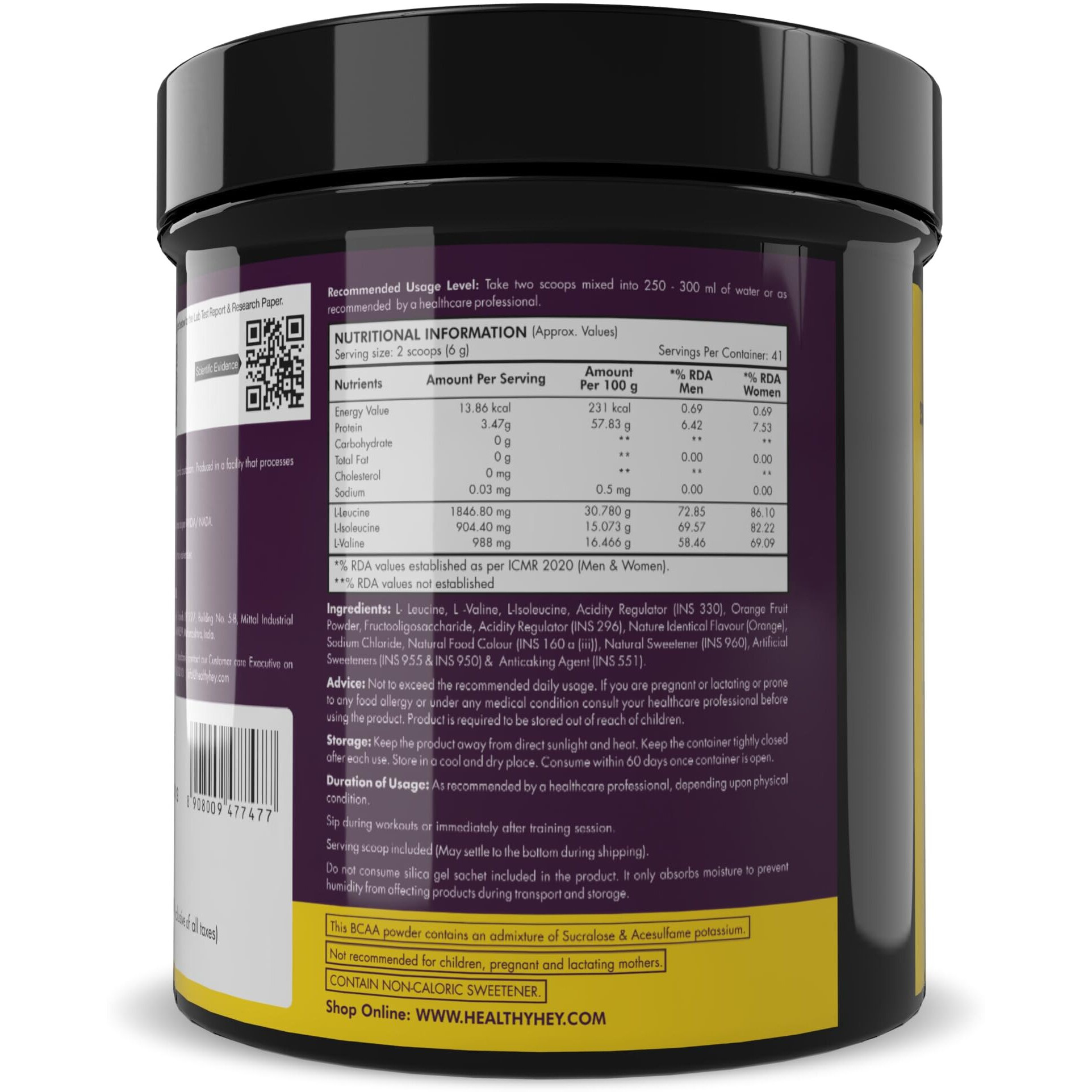 Healthyhey Sports Bcaa Powder 211, Branched Chain Amino Acids, Bcaas, Tangy Orange, 41 Servings (Tangy Orange, 250 G)