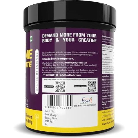 Healthyhey Sports Creatine Monohydrate, (133 Servings, Unflavoured, 400G Powder) For Muscle Building & Performance