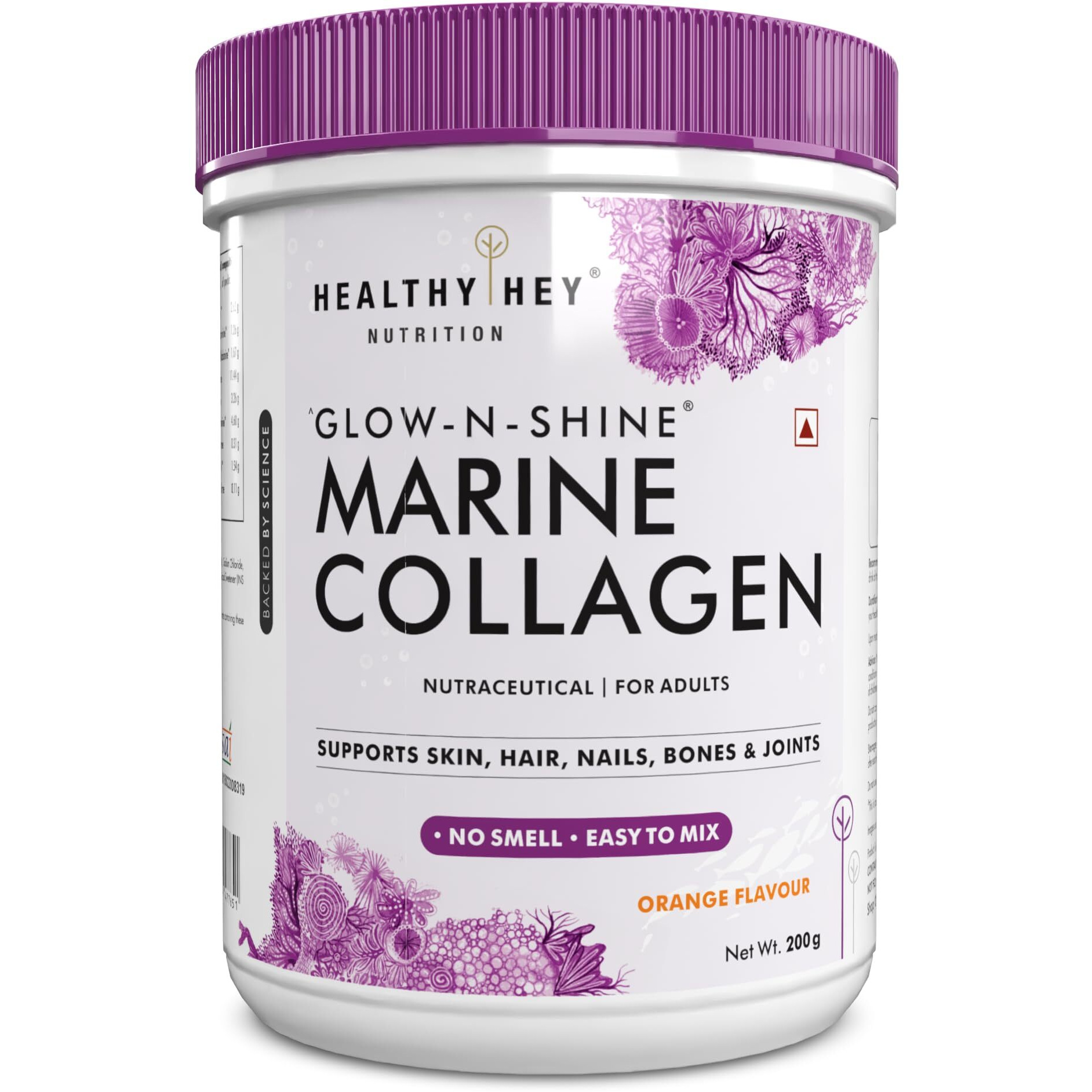 Healthyhey Glow-N-Shine Marine Collagen Peptides |Type 1 Collagen Protein Supplement With Hyaluronic Acid | Amino Acids For Skin, Hair, Nails | Paleo Friendly, Non-Gmo (Orange Flavour, 200G)