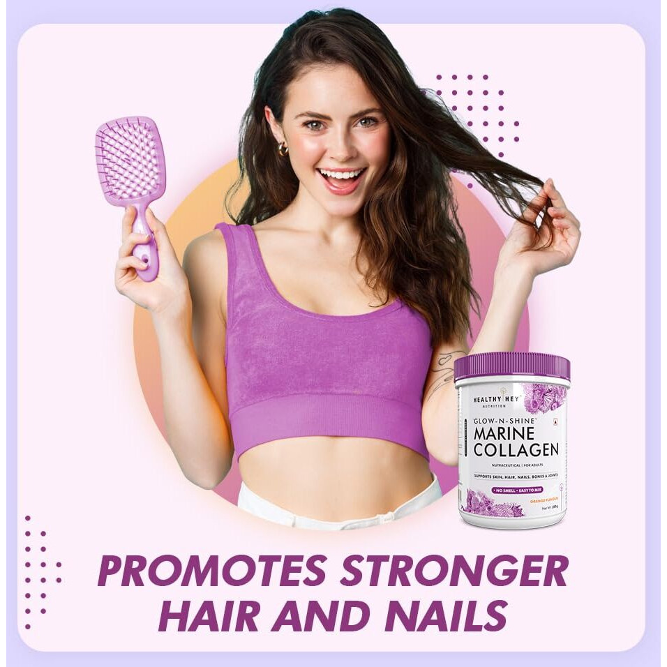 Healthyhey Glow-N-Shine Marine Collagen Peptides |Type 1 Collagen Protein Supplement With Hyaluronic Acid | Amino Acids For Skin, Hair, Nails | Paleo Friendly, Non-Gmo (Orange Flavour, 200G)