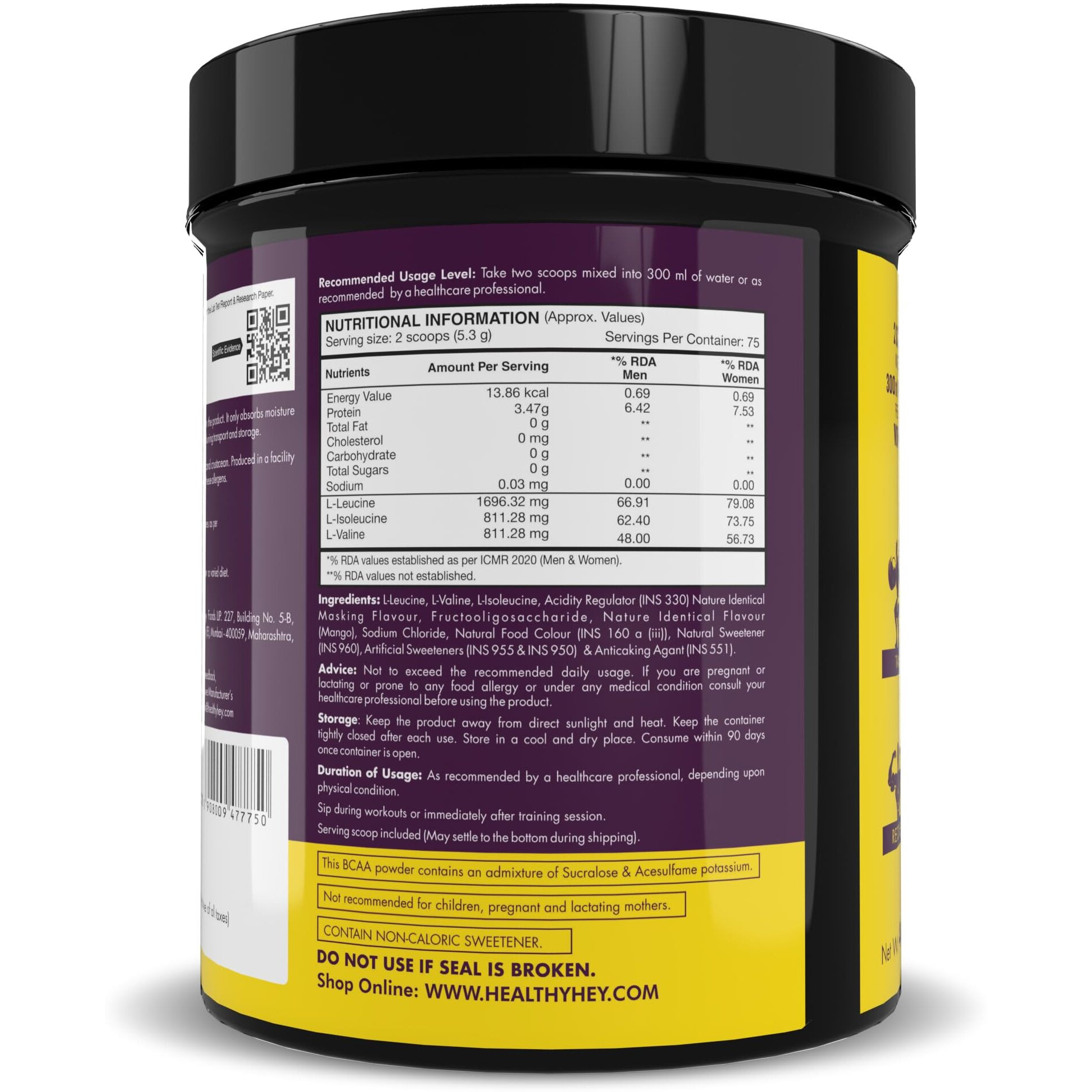 Healthyhey Sports Bcaa Powder Instantized 211, Branched Chain Amino Acids - 66 Servings (Mango Candy, 400 G)