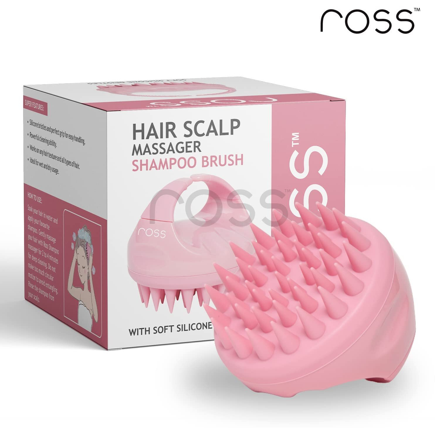 Ross Hair Scalp Manual Massager Shampoo Hair Brush With Soft Silicone Bristles For Anti Dandruff, Exfoliating Care (Light Pink)