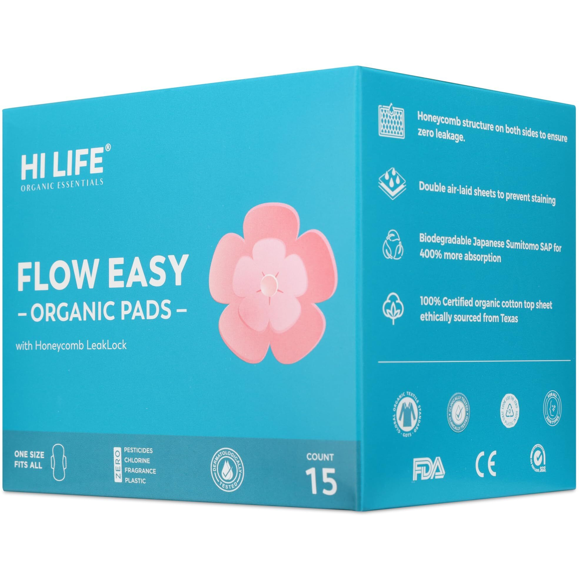 Hi Life Flow Easy Organic Pads With Honeycomb Leaklock |Sanitary Pads | Rash Free Sanitary Pads | Ultra Soft Pads | Heavy Sanitary Period Pads | 100% Organic Cotton Pads For Normal-Sensitive Skin | Sanitary Napkins For Overnight & Heavy Flow With Free Disposal Bags | Leak Proof & Full Coverage X-Large Sanitary Pads| Luxurious Ultra-Soft And Super-Absorbent With Biodegradable Disposal Bag And Unique Honeycomb Lock Structure For Stain-Free And Rash-Free Periods - Pack Of 15 Pads