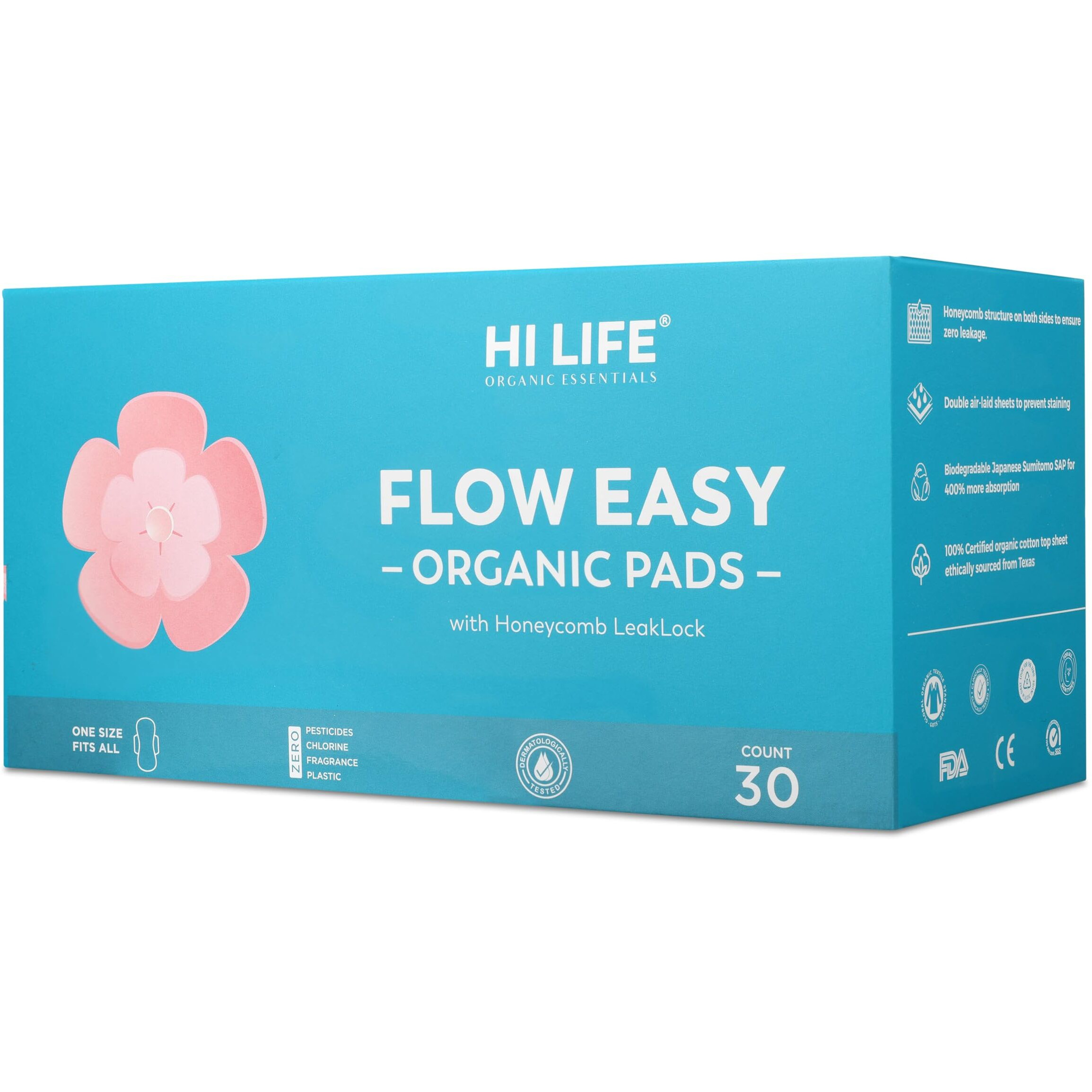 Hi Life Flow Easy Organic Pads With Honeycomb Leaklock |Sanitary Pads | Rash Free Sanitary Pads | Ultra Soft Pads | Heavy Sanitary Period Pads | 100% Organic Cotton Pads For Normal-Sensitive Skin | Sanitary Napkins For Overnight & Heavy Flow With Free Disposal Bags | Leak Proof & Full Coverage X-Large Sanitary Pads| Luxurious Ultra-Soft And Super-Absorbent With Biodegradable Disposal Bag And Unique Honeycomb Lock Structure For Stain-Free And Rash-Free Periods - Pack Of 30 Pads