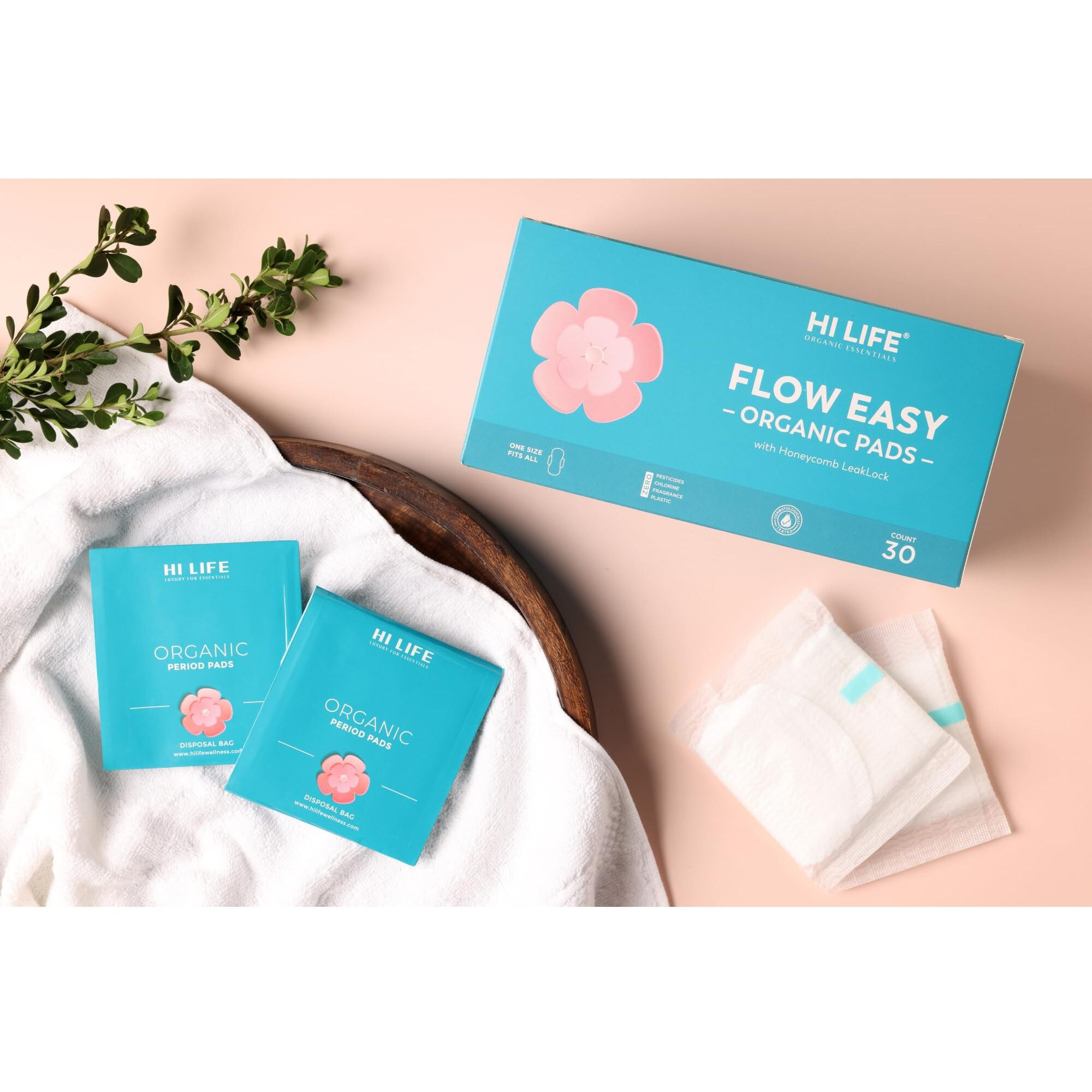 Hi Life Flow Easy Organic Pads With Honeycomb Leaklock |Sanitary Pads | Rash Free Sanitary Pads | Ultra Soft Pads | Heavy Sanitary Period Pads | 100% Organic Cotton Pads For Normal-Sensitive Skin | Sanitary Napkins For Overnight & Heavy Flow With Free Disposal Bags | Leak Proof & Full Coverage X-Large Sanitary Pads| Luxurious Ultra-Soft And Super-Absorbent With Biodegradable Disposal Bag And Unique Honeycomb Lock Structure For Stain-Free And Rash-Free Periods - Pack Of 30 Pads