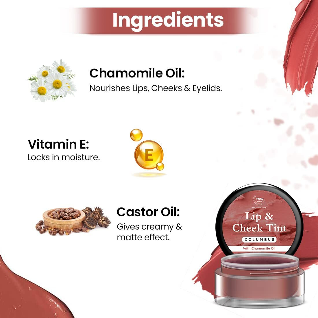 Tnw-The Natural Wash Columbus Lip & Cheek Tint | With Chamomile Oil & Castor Oil | For Lips, Cheeks, & Eyelids | For A Natural Makeup Look