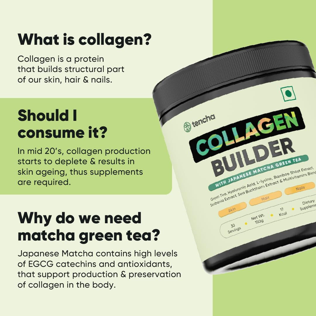 Tencha Collagen Supplements For Women & Men,30 Servings,150 Gm|For Glowing Skin, Healthy Hair, Strong Nails|With Hyaluronic Acid, Bamboo Shoot Extract, Multivitamins Blend | Plant-Based|Vegan, Powder