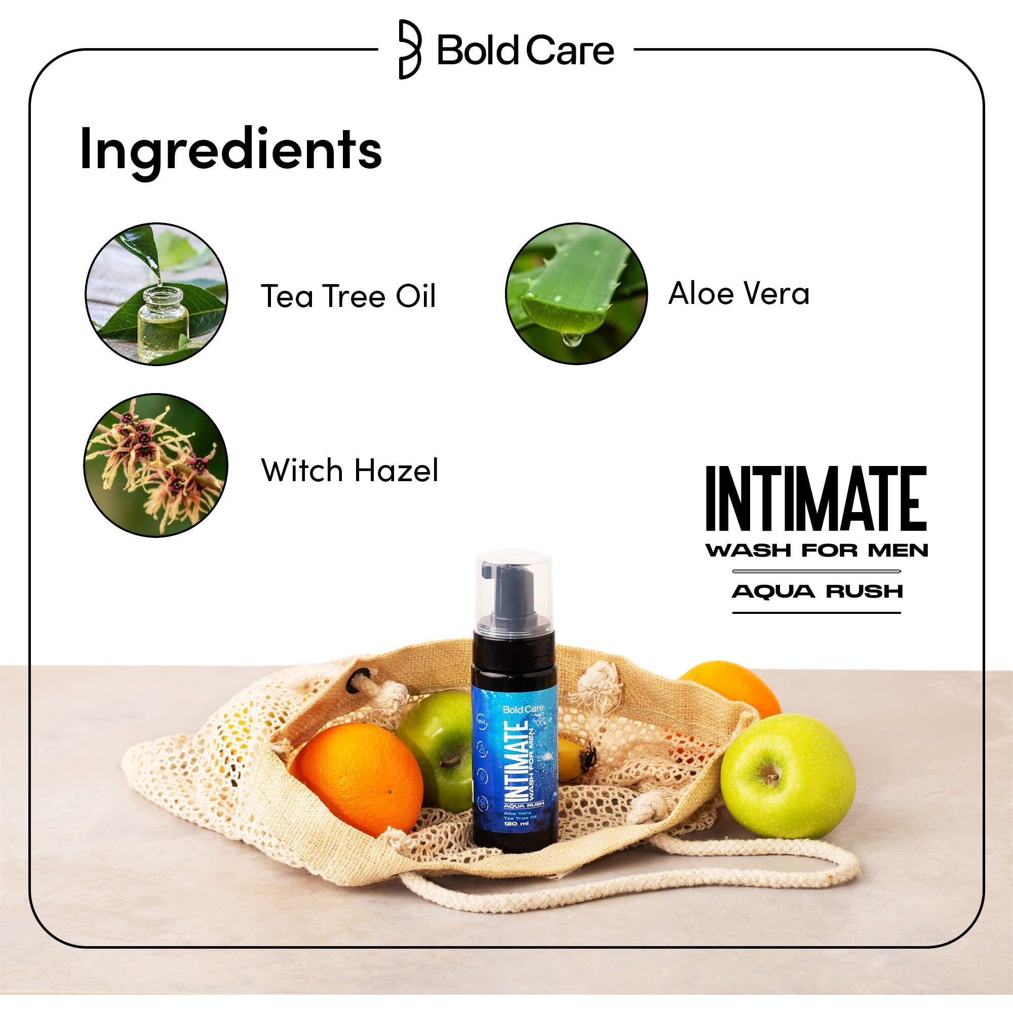 Bold Care Aqua Rush Foaming Intimate Wash For Men [120 Ml] With Tea Tree Oil, Aloe Vera & With Hazel | Ph Balancing Wash | No Alcohol, No Parabens, No Sulphates | No Itching, Irritation & Bad Odor
