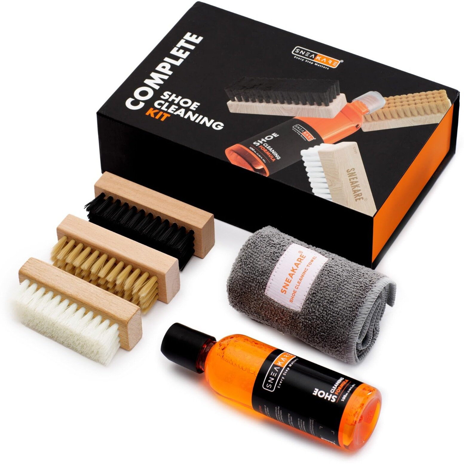 Sneakare Complete Shoe Cleaning Kit - Contains 100Ml Shoe Cleaner, 3 Brushes (Soft, Medium & Stiff Bristles) & 1 Micro-Fibre Shoe Cleaning Towel - Suited For Sneakers, Shoes, Sports Shoes & More