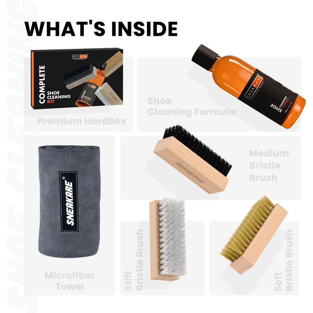 Sneakare Complete Shoe Cleaning Kit - Contains 100Ml Shoe Cleaner, 3 Brushes (Soft, Medium & Stiff Bristles) & 1 Micro-Fibre Shoe Cleaning Towel - Suited For Sneakers, Shoes, Sports Shoes & More