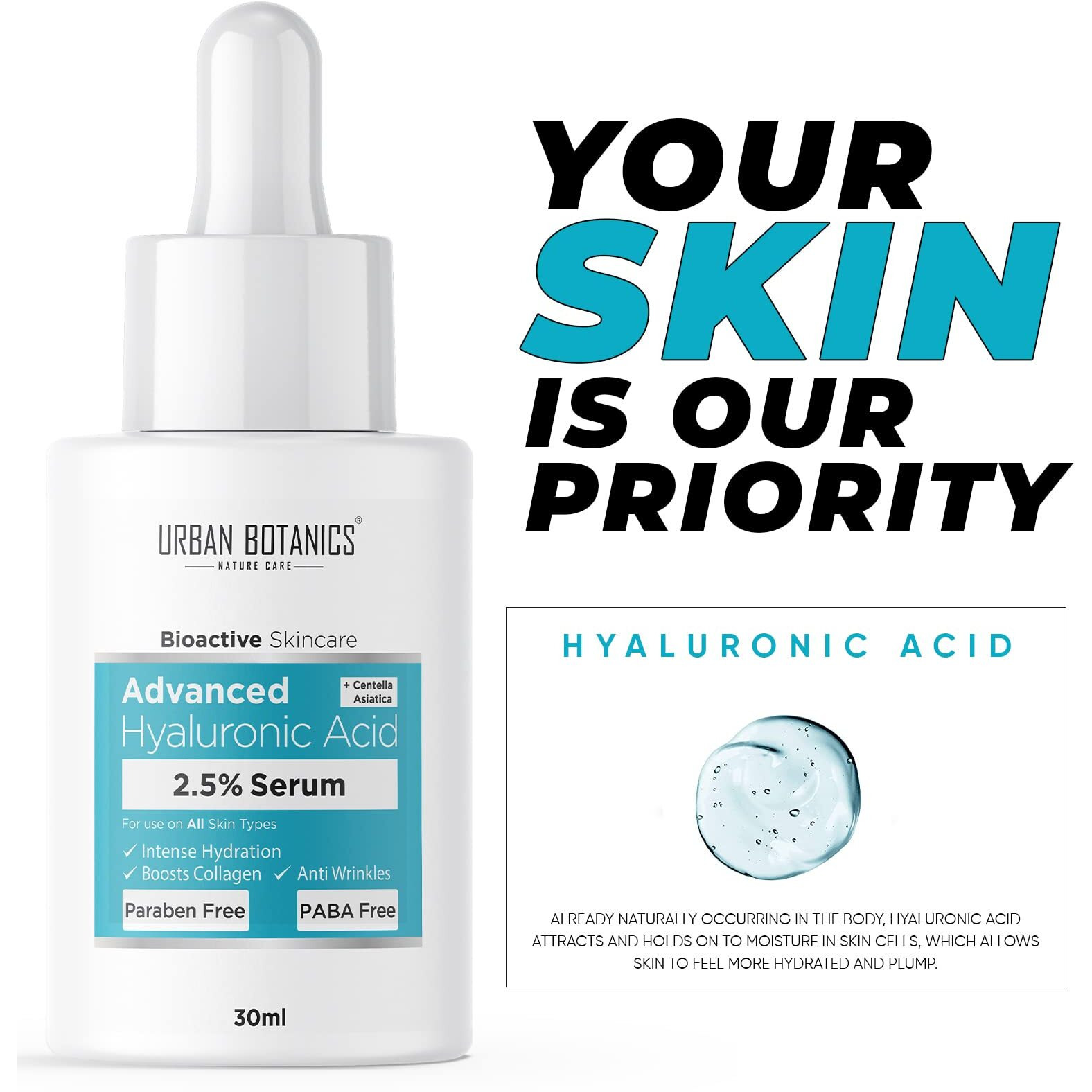 Urbanbotanics 2.5% Hyaluronic Acid Serum For Intense Hydration, Glowing Skin & Fines Lines | Daily Hydrating Face Serum For Women & Men With Dry, Normal & Oily Skin, 30 Ml