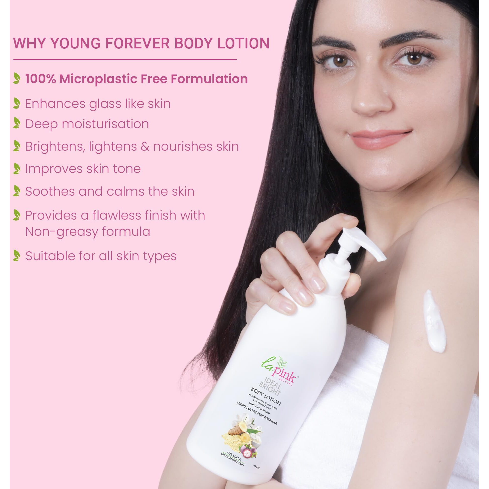 La Pink Ideal Bright Body Lotion | Enriched With Kokum Butter & Lily Flower Extract For Deep Moisture, Smooth & Radiant Skin | Ideal For Dry Skin | 100% Microplastic Free Formula | Men & Women (450Ml)