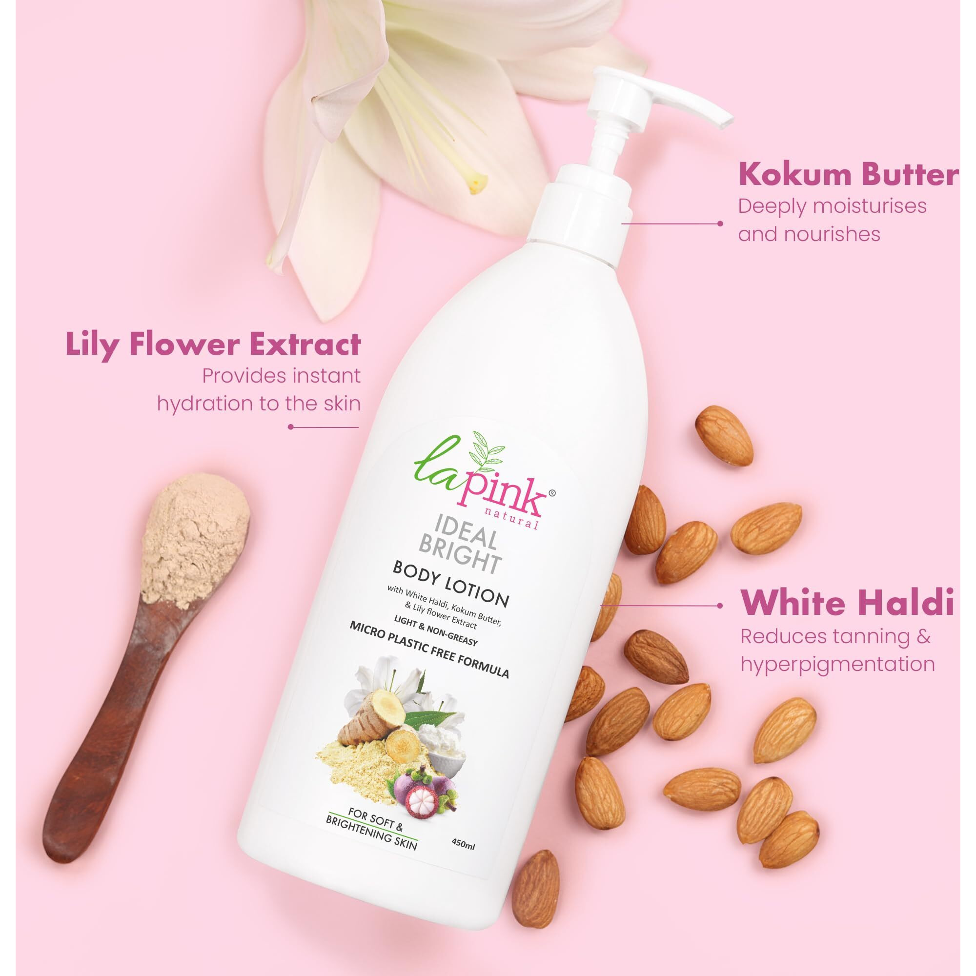 La Pink Ideal Bright Body Lotion | Enriched With Kokum Butter & Lily Flower Extract For Deep Moisture, Smooth & Radiant Skin | Ideal For Dry Skin | 100% Microplastic Free Formula | Men & Women (450Ml)