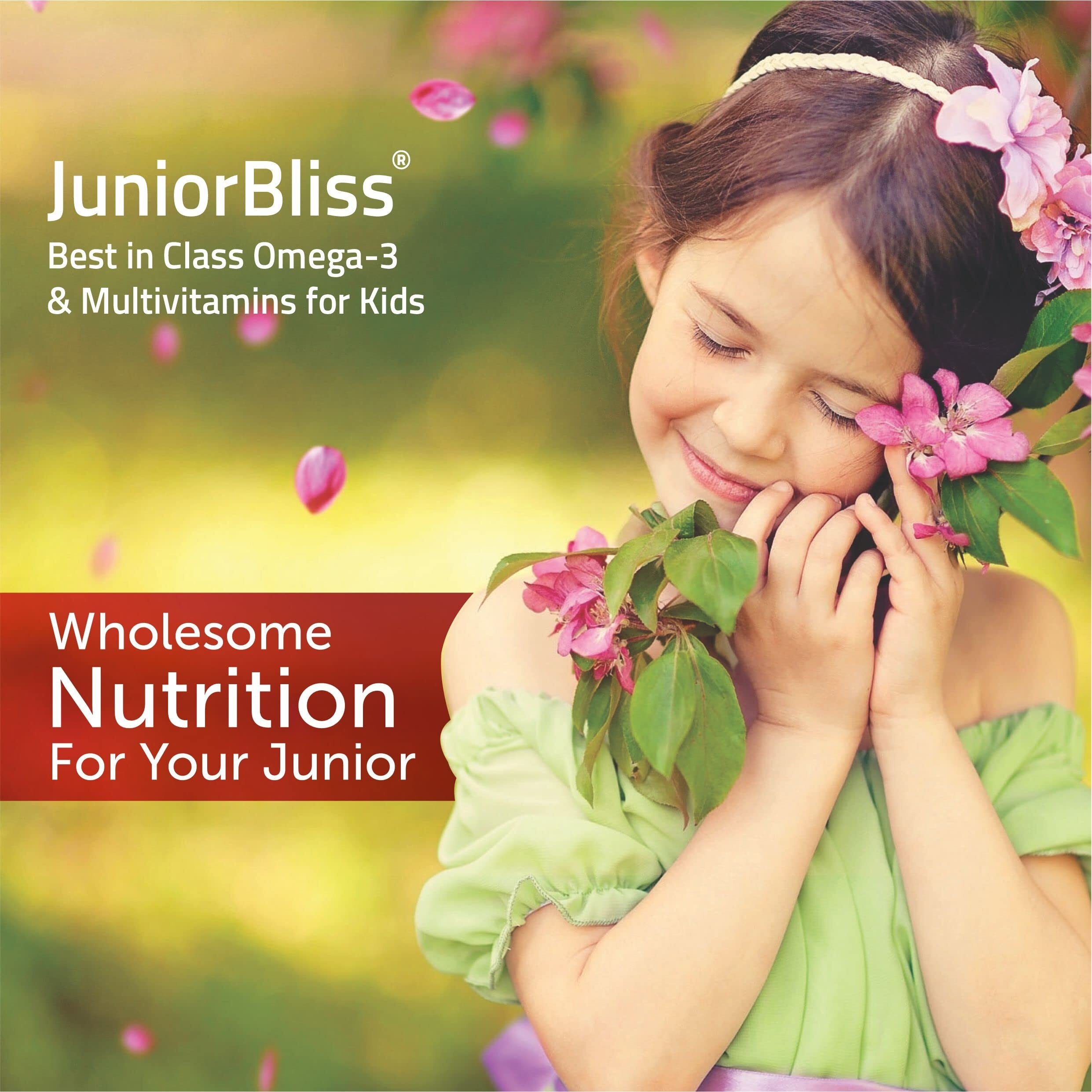 Bliss Welness Junior Bliss Kids Omega 3 6 9 + Multivitamins | Omega-3 Dha Epa Ala Vitamin A C D E | Focus Concentration Memory Iq Eyesight Immunity Brain Health Supplement - 100 Gm - Chocolate Syrup