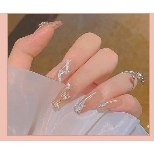Secret Lives Acrylic Press On Nails Artifical Fake Nails Extension Designer Glossy Nude Color 3D Butterfly With White Pearl & Silver Glitter Design 24 Pieces Set With Kit