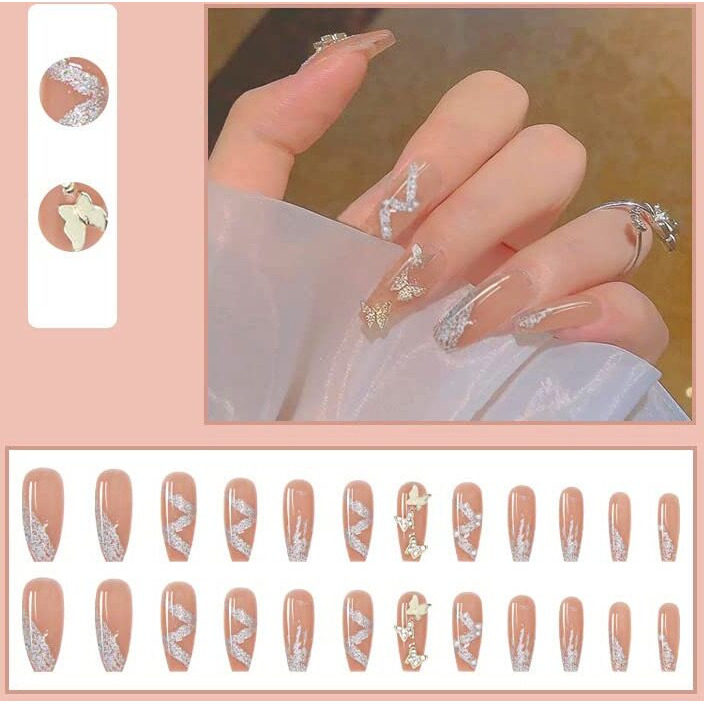 Secret Lives Acrylic Press On Nails Artifical Fake Nails Extension Designer Glossy Nude Color 3D Butterfly With White Pearl & Silver Glitter Design 24 Pieces Set With Kit