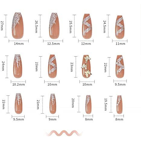 Secret Lives Acrylic Press On Nails Artifical Fake Nails Extension Designer Glossy Nude Color 3D Butterfly With White Pearl & Silver Glitter Design 24 Pieces Set With Kit