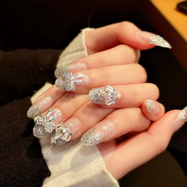 Secret Lives Acrylic Press On Nails Designer Artifical Nails Extension Silver Glitter 3D Crown Bow 24 Pieces Set With Glue Sheet