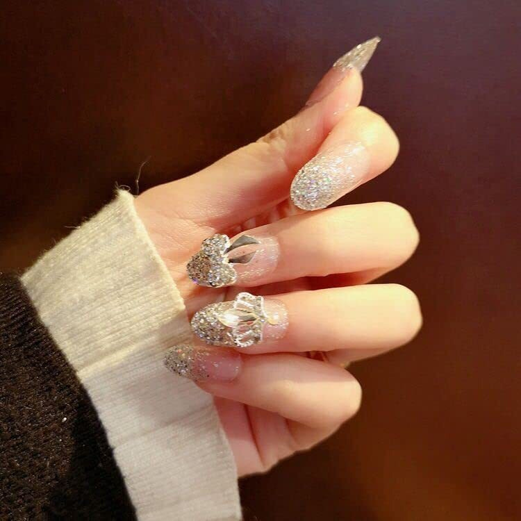 Secret Lives Acrylic Press On Nails Designer Artifical Nails Extension Silver Glitter 3D Crown Bow 24 Pieces Set With Glue Sheet