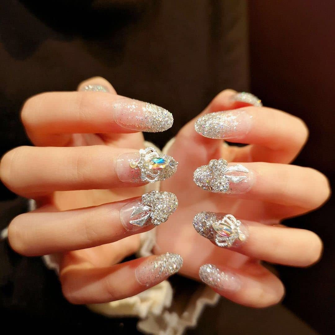 Secret Lives Acrylic Press On Nails Designer Artifical Nails Extension Silver Glitter 3D Crown Bow 24 Pieces Set With Glue Sheet