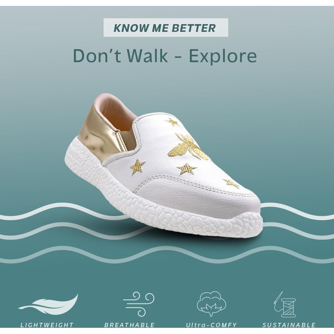 Kazarmax Women White Gold Embroidered Slip-On Sneakers Shoes - 4 Uk