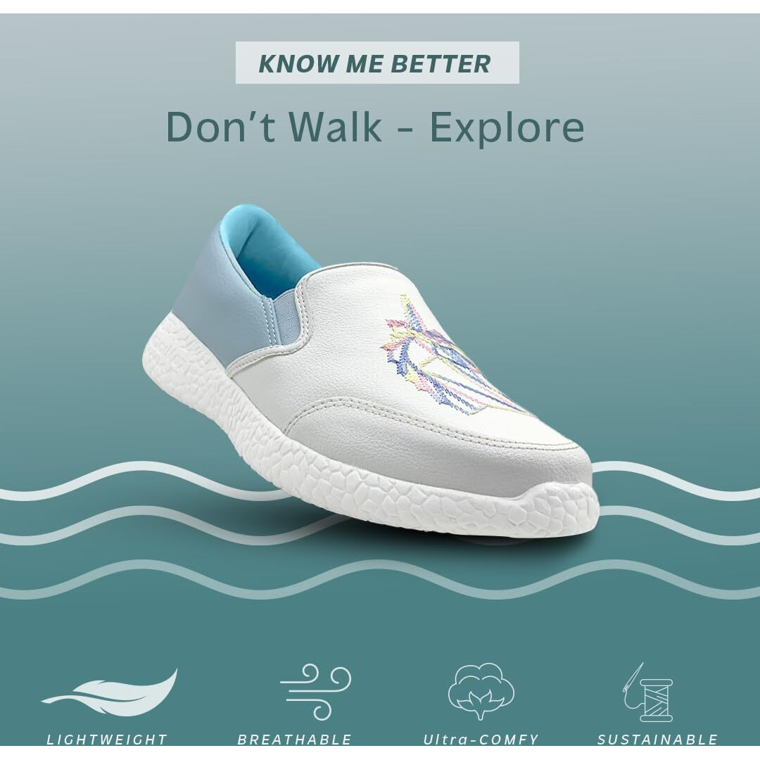 Kazarmax Women White Blue Unicorn Embroidered Slipon Sneakers - 6 Uk