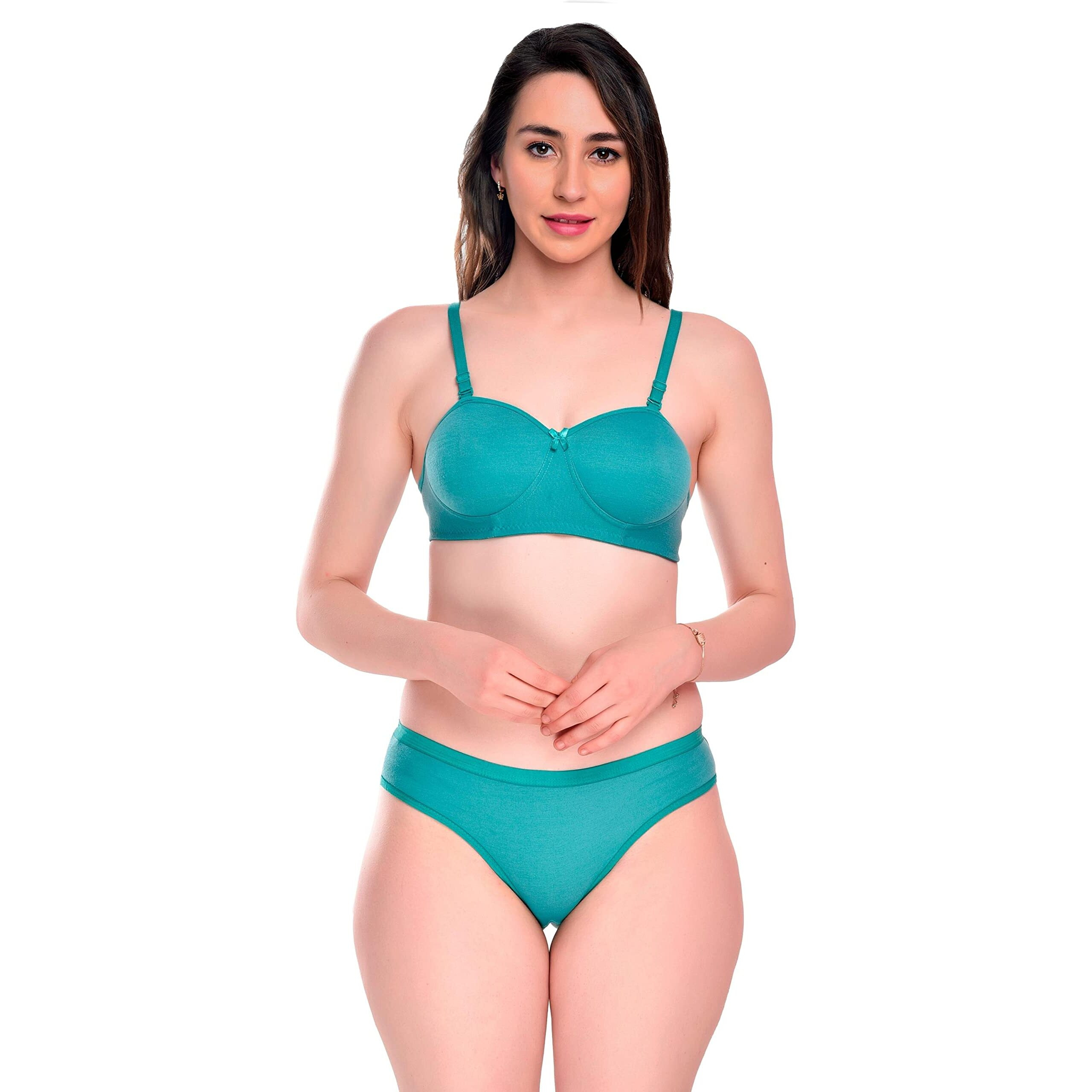 Brumot Women Cotton Padded Non-Wired Half Cup T-Shirts Bra Panty Lingerie Set Pack Of 1 (Turquoise 30B)