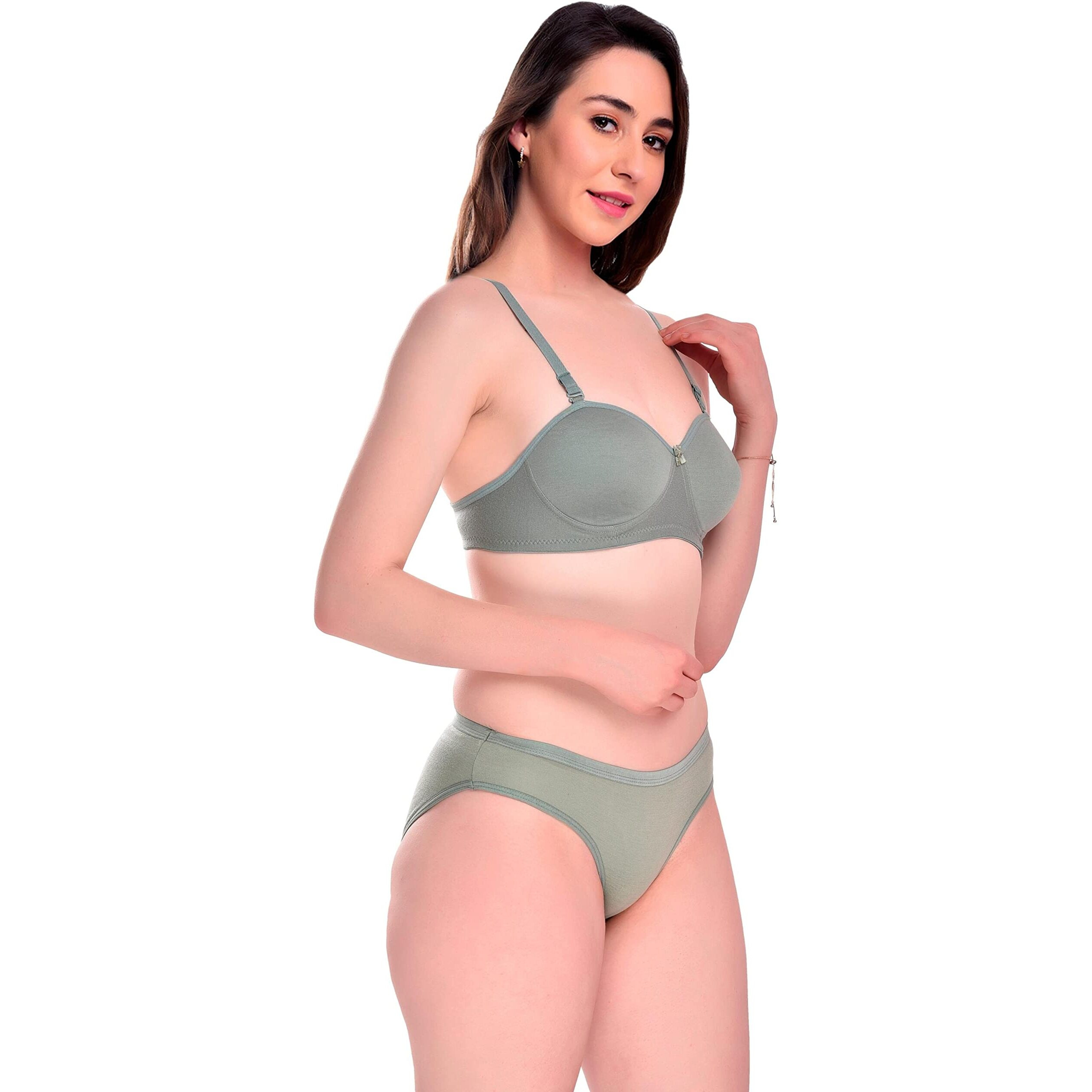 Brumot Women Cotton Padded Non-Wired Half Cup T-Shirts Bra Panty Lingerie Set Pack Of 1 (Light Green 36B)