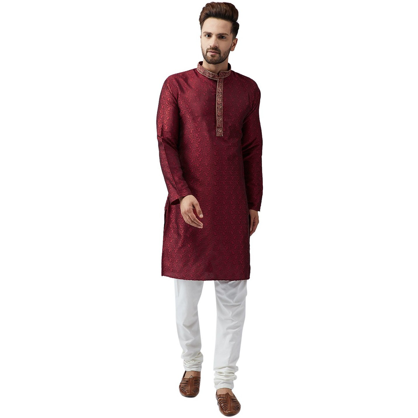 Sojanya (Since 1958, Men's Maroon Silk Blend Churidar Pyjama Set, Size L