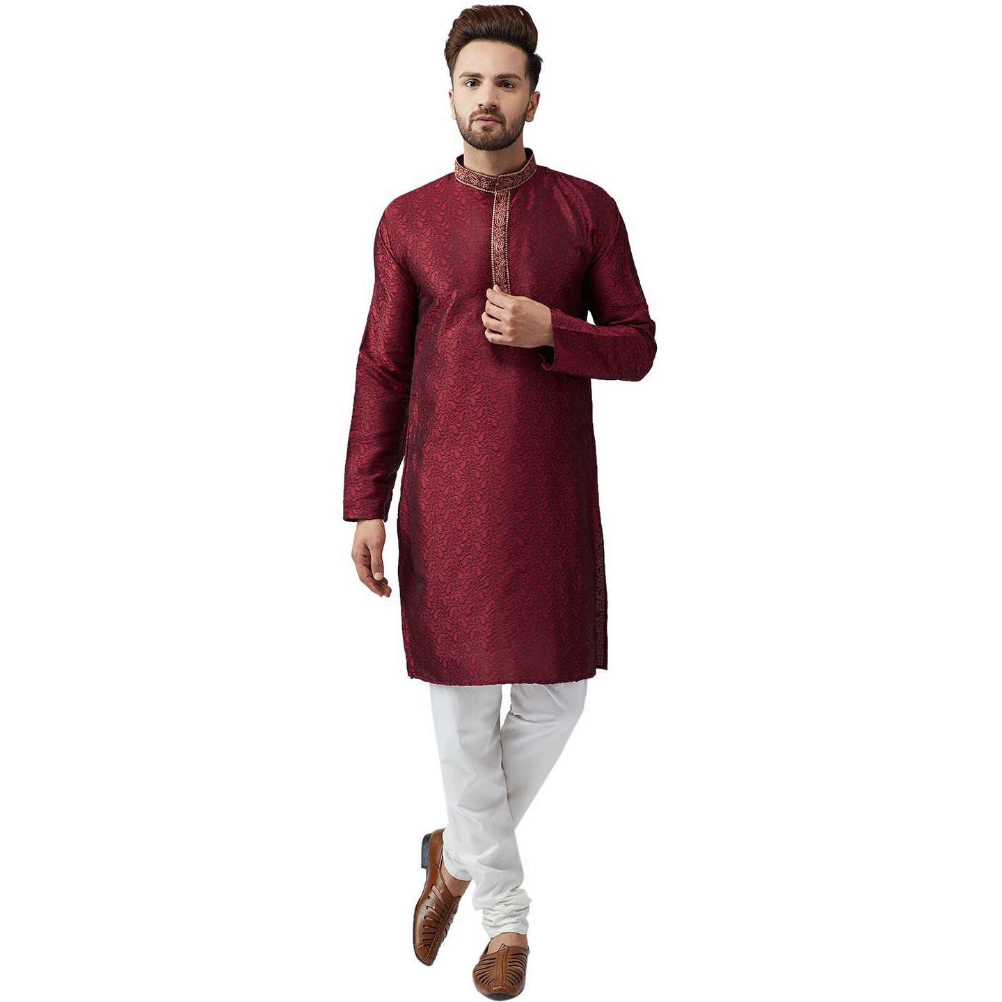 Sojanya (Since 1958, Men's Maroon Silk Blend Churidar Pyjama Set, Size L