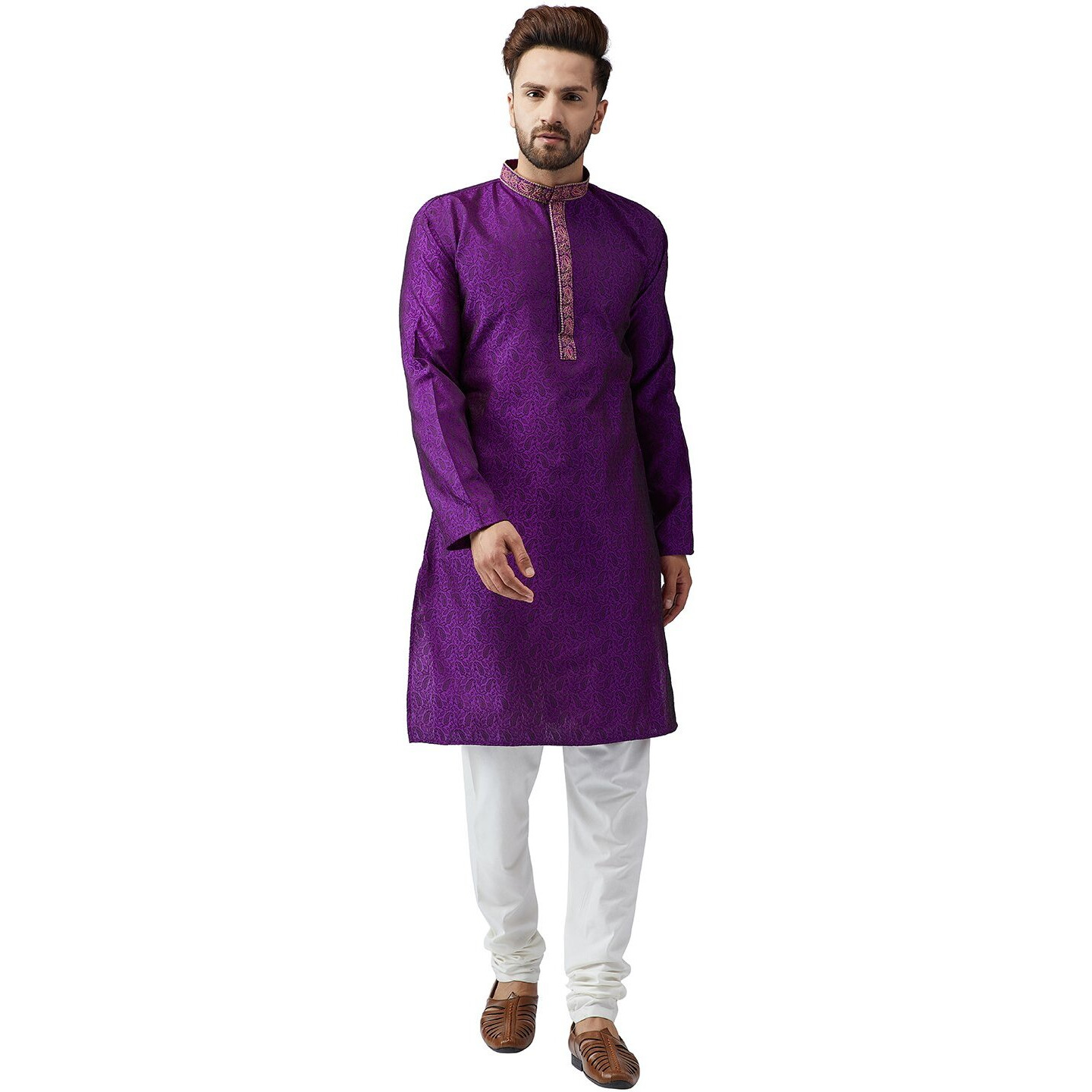 Sojanya (Since 1958, Men's Purple Silk Blend Kurta Churidar Pyjama Set, Size M