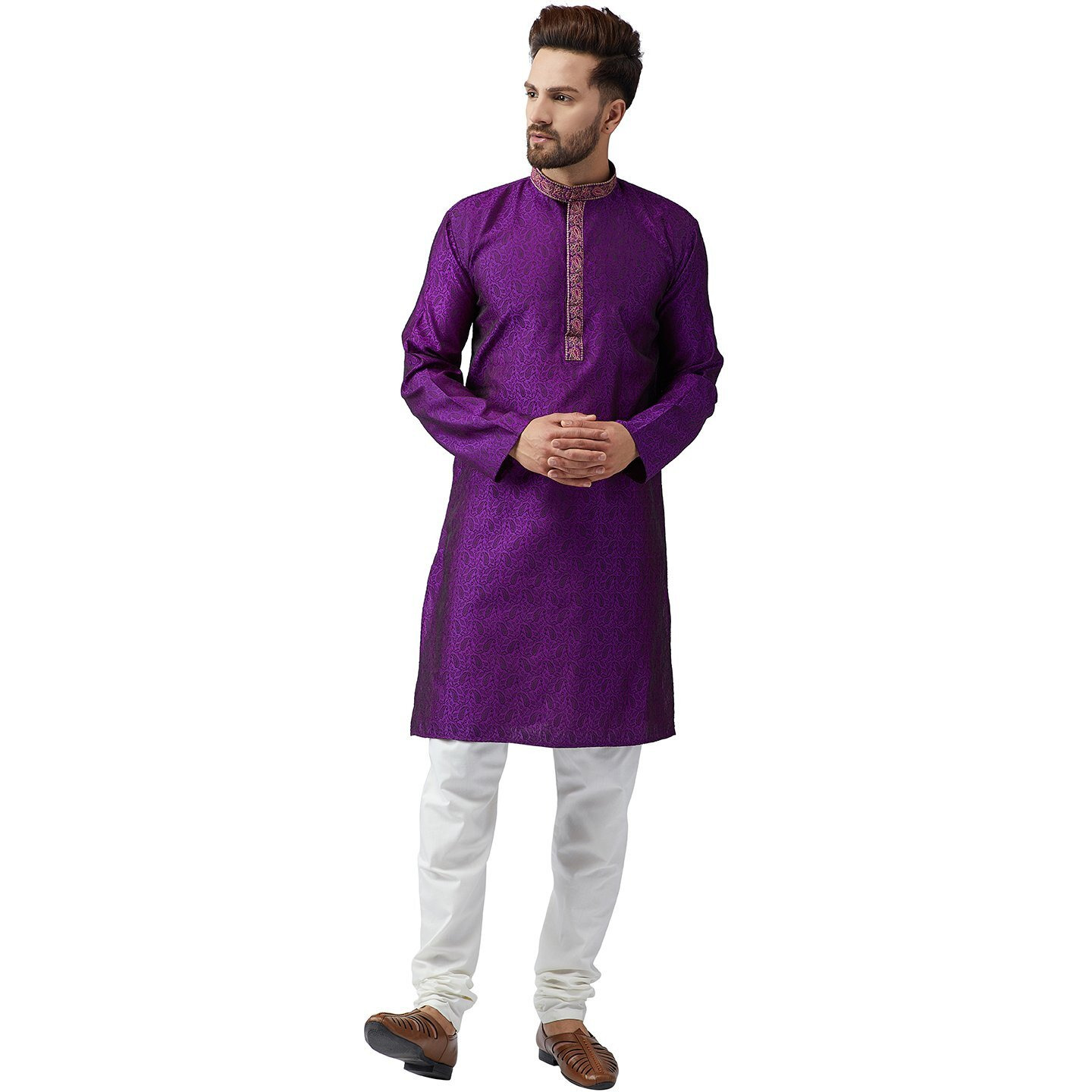 Sojanya (Since 1958, Men's Purple Silk Blend Kurta Churidar Pyjama Set, Size M