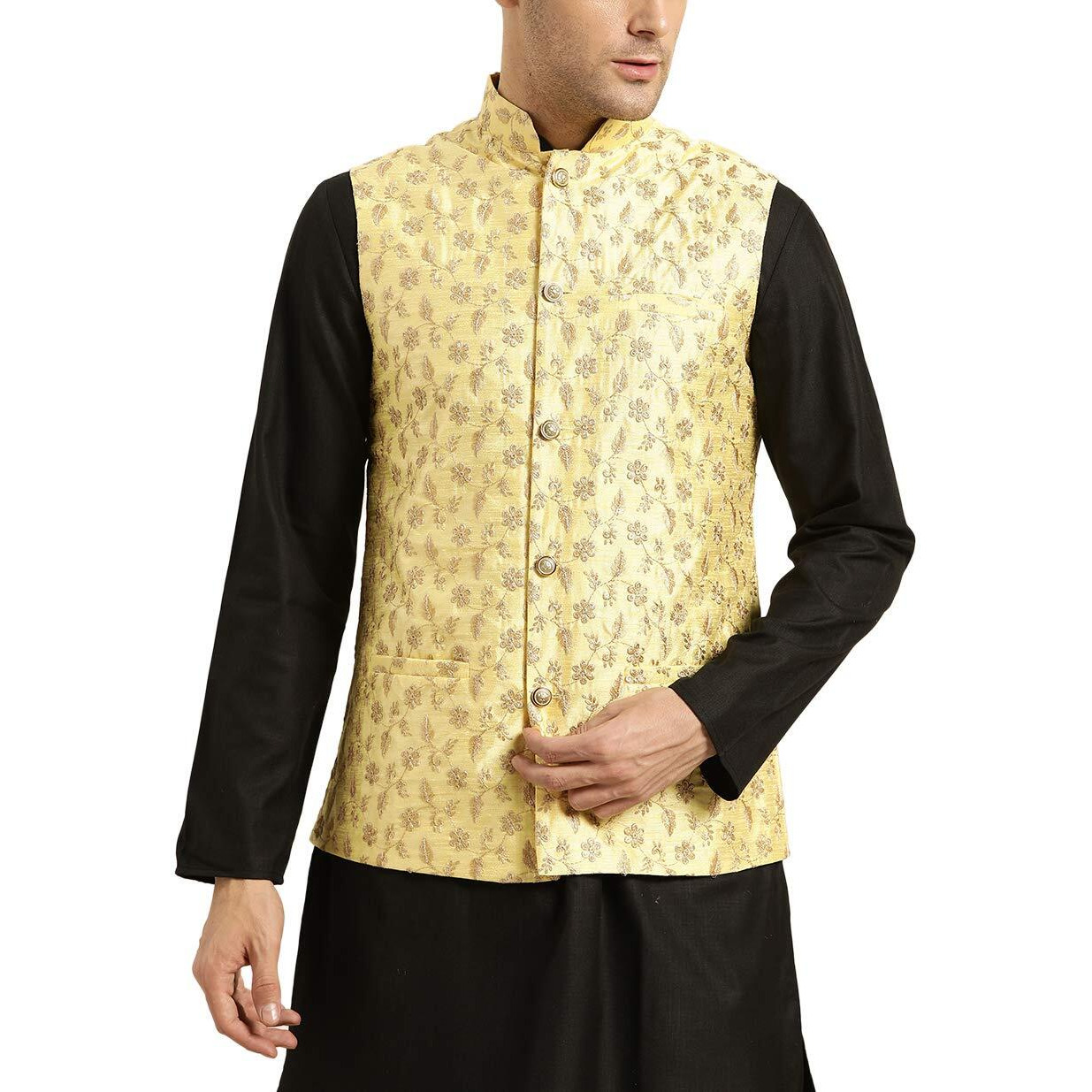 Sojanya (Since 1958, Mens Silk Blend, Lemon Yellow & Gold Embroidered Nehru Jacket, Size 44