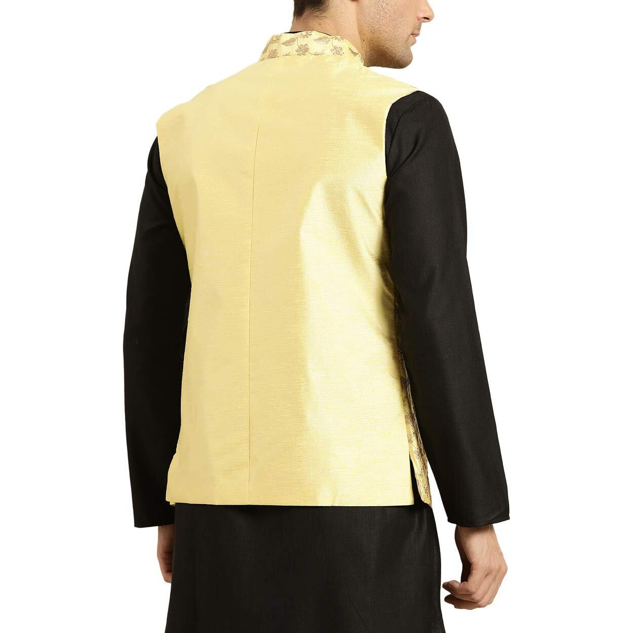 Sojanya (Since 1958, Mens Silk Blend, Lemon Yellow & Gold Embroidered Nehru Jacket, Size 44