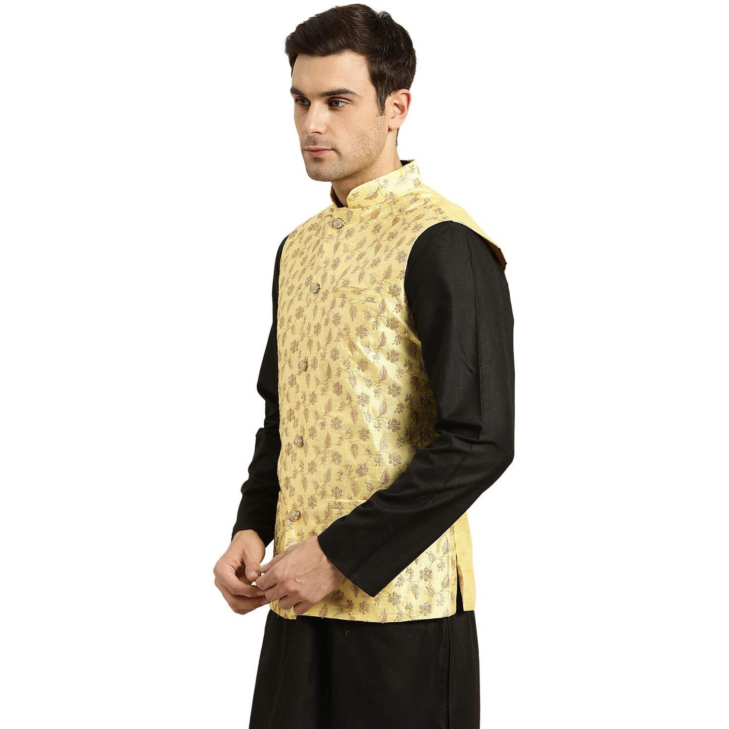 Sojanya (Since 1958, Mens Silk Blend, Lemon Yellow & Gold Embroidered Nehru Jacket, Size 44