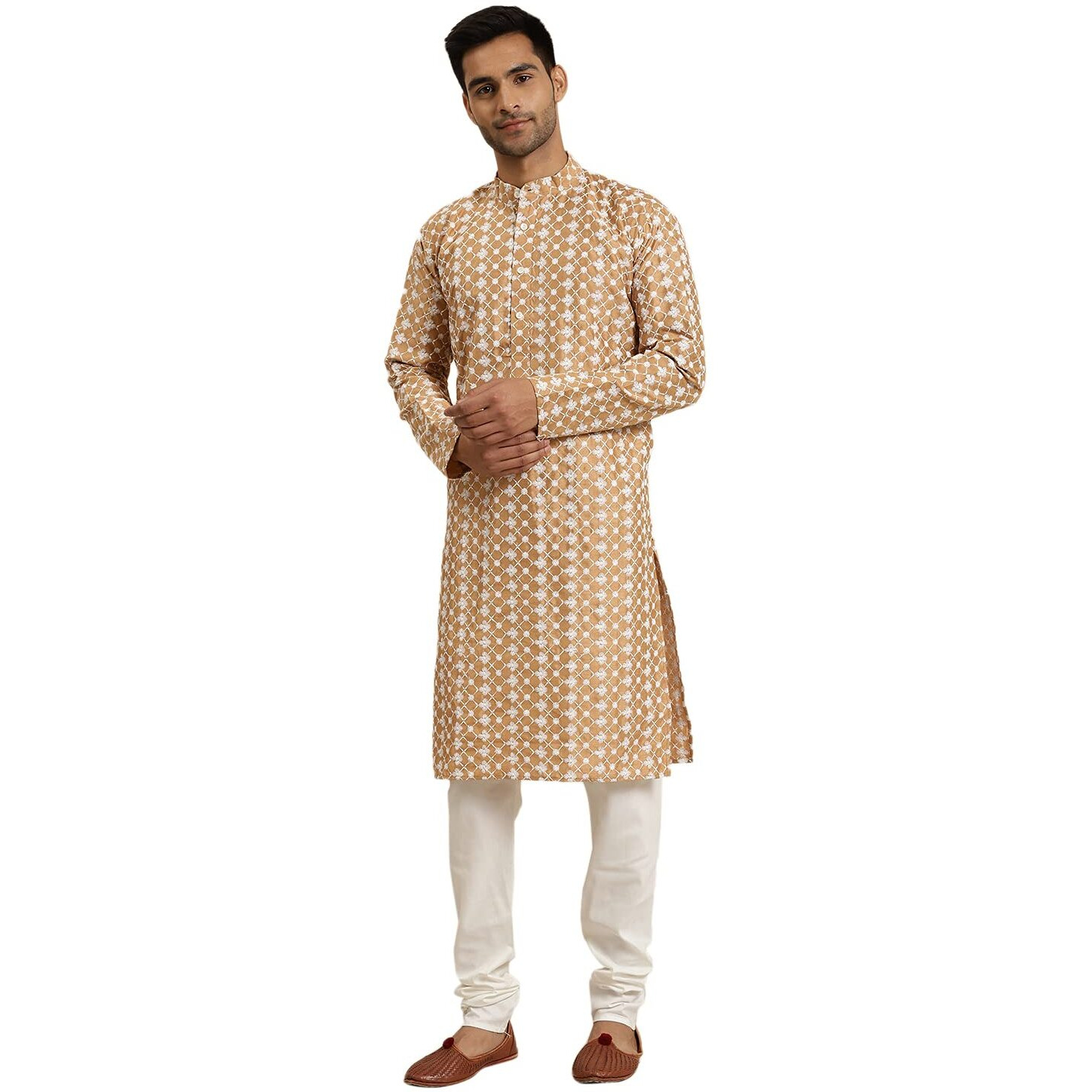Sojanya (Since 1958, Men's Silk Blend Dark Gold Embroidered Only Kurta, Size 40