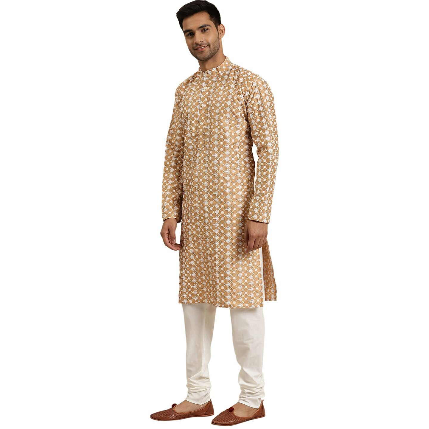 Sojanya (Since 1958, Men's Silk Blend Dark Gold Embroidered Only Kurta, Size 40