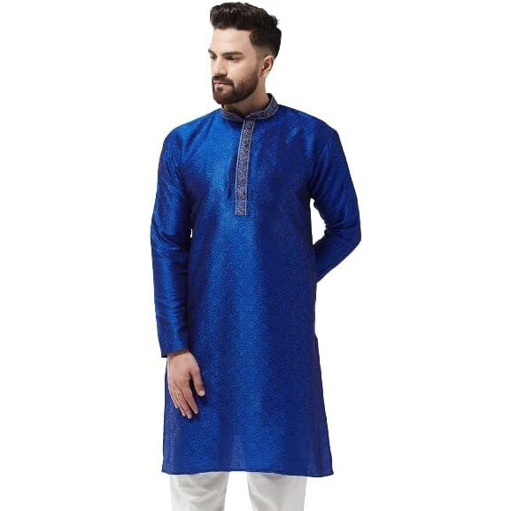 Sojanya (Since 1958, Men's Silk Blend Royal Blue Self Design Only Long Kurta, Size 40