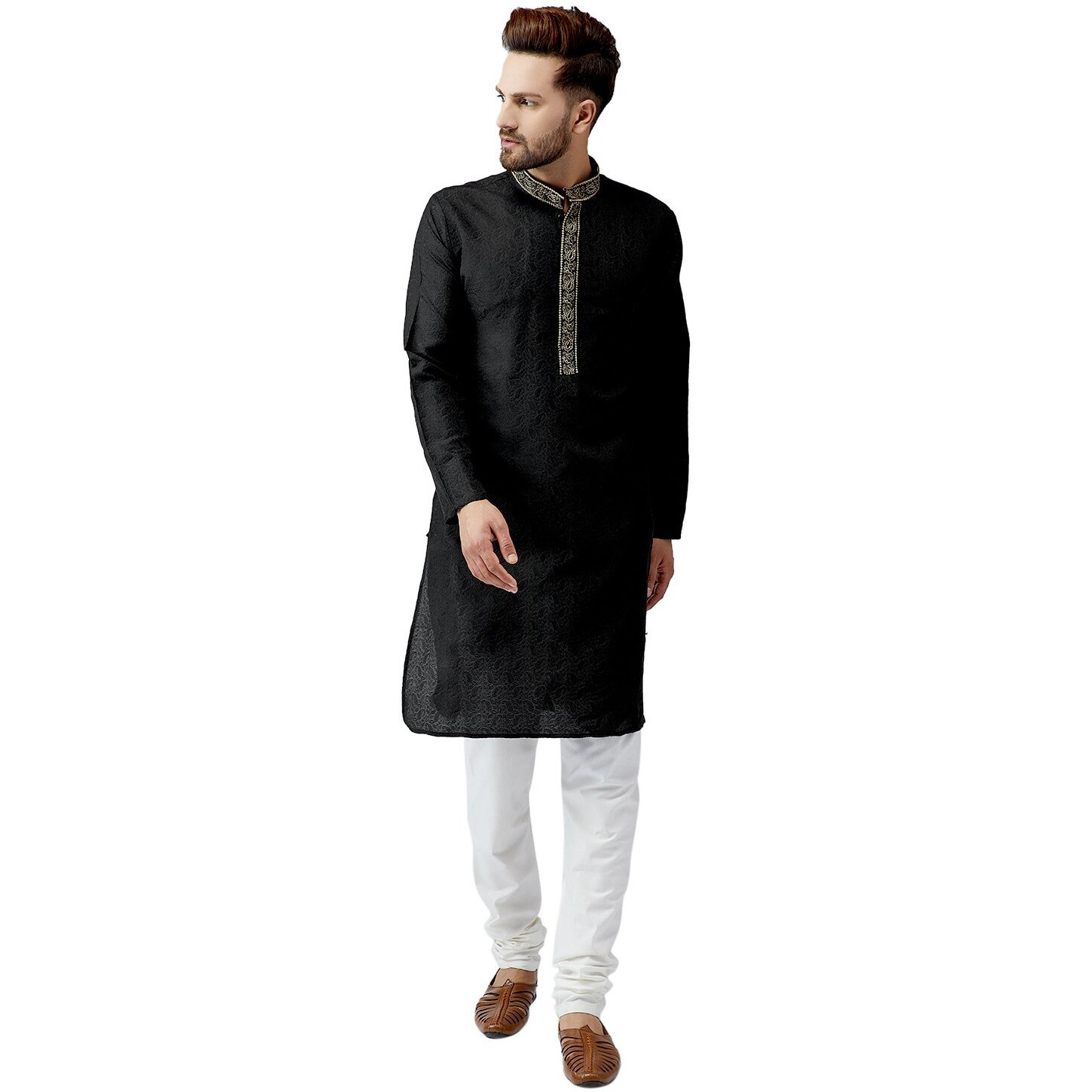 Sojanya (Since 1958, Men's Black Silk Blend Kurta Churidar Pyjama Set, Size L
