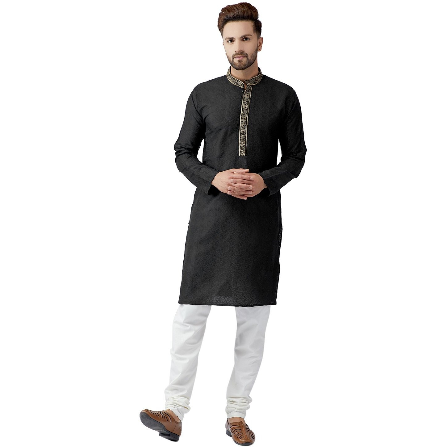 Sojanya (Since 1958, Men's Black Silk Blend Kurta Churidar Pyjama Set, Size L