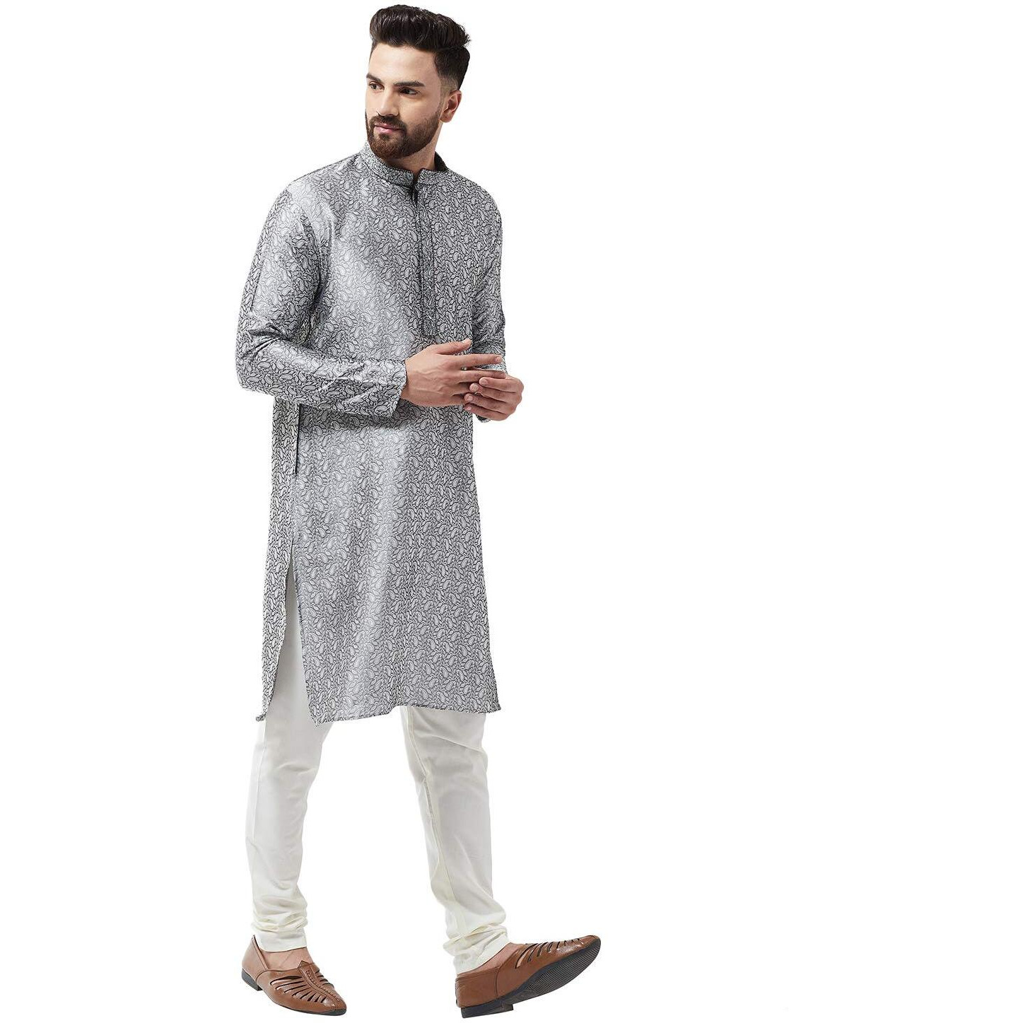 Sojanya (Since 1958, Men's Silk Blend Grey Self Design Only Long Kurta, Size 42